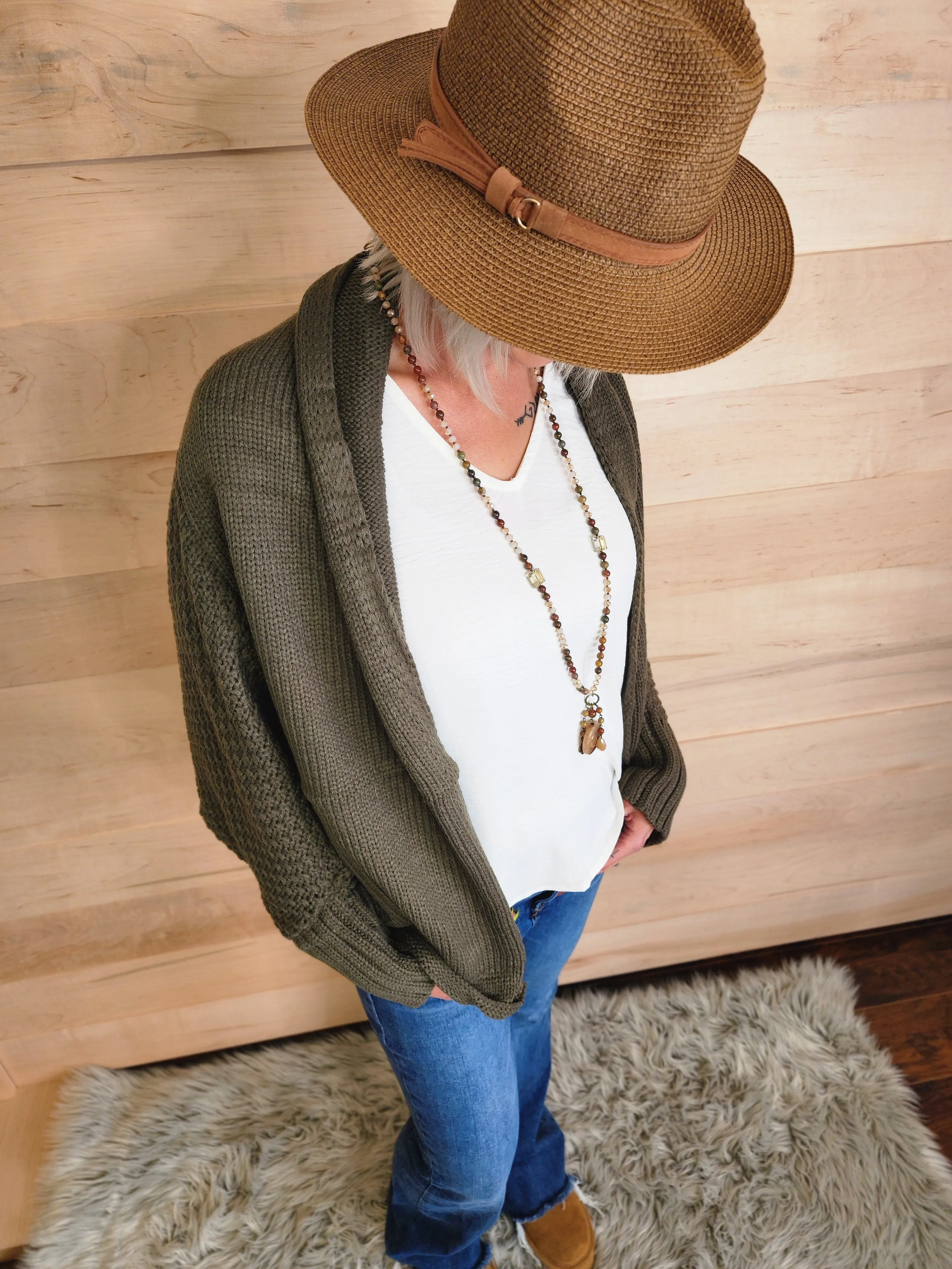 Bat Sleeve Knit Cardigan Olive *
