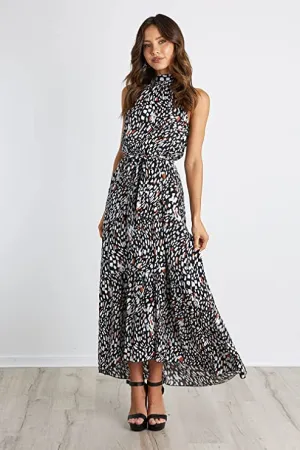 Black Leopard Women's Casual Halter Neck Sleeveless Floral Long Maxi Dress Backless Loose Ruffle Sundress with Belt - PRETTYGARDEN
