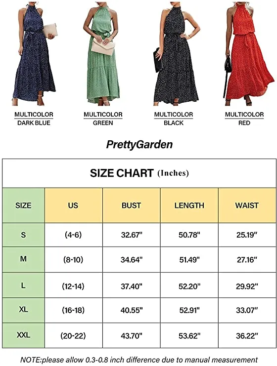 Black Leopard Women's Casual Halter Neck Sleeveless Floral Long Maxi Dress Backless Loose Ruffle Sundress with Belt - PRETTYGARDEN
