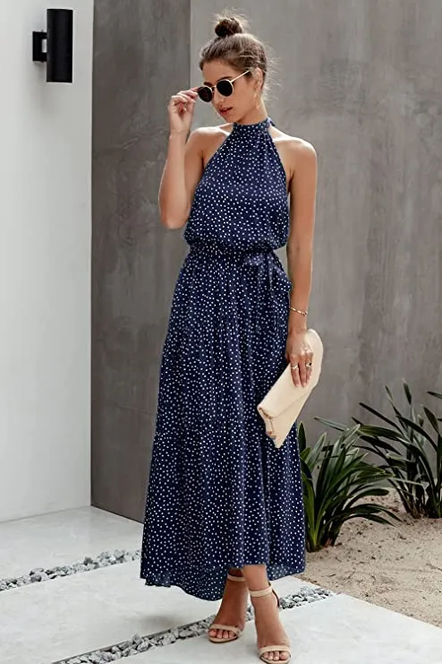 Black Leopard Women's Casual Halter Neck Sleeveless Floral Long Maxi Dress Backless Loose Ruffle Sundress with Belt - PRETTYGARDEN