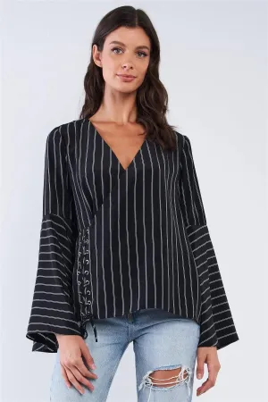 Black V-Neck Wrap Loose Fit White Horizontal Double Stripe Bellflower Long Sleeve Front Cross Threading Corset Detail Top /1-3-2-1