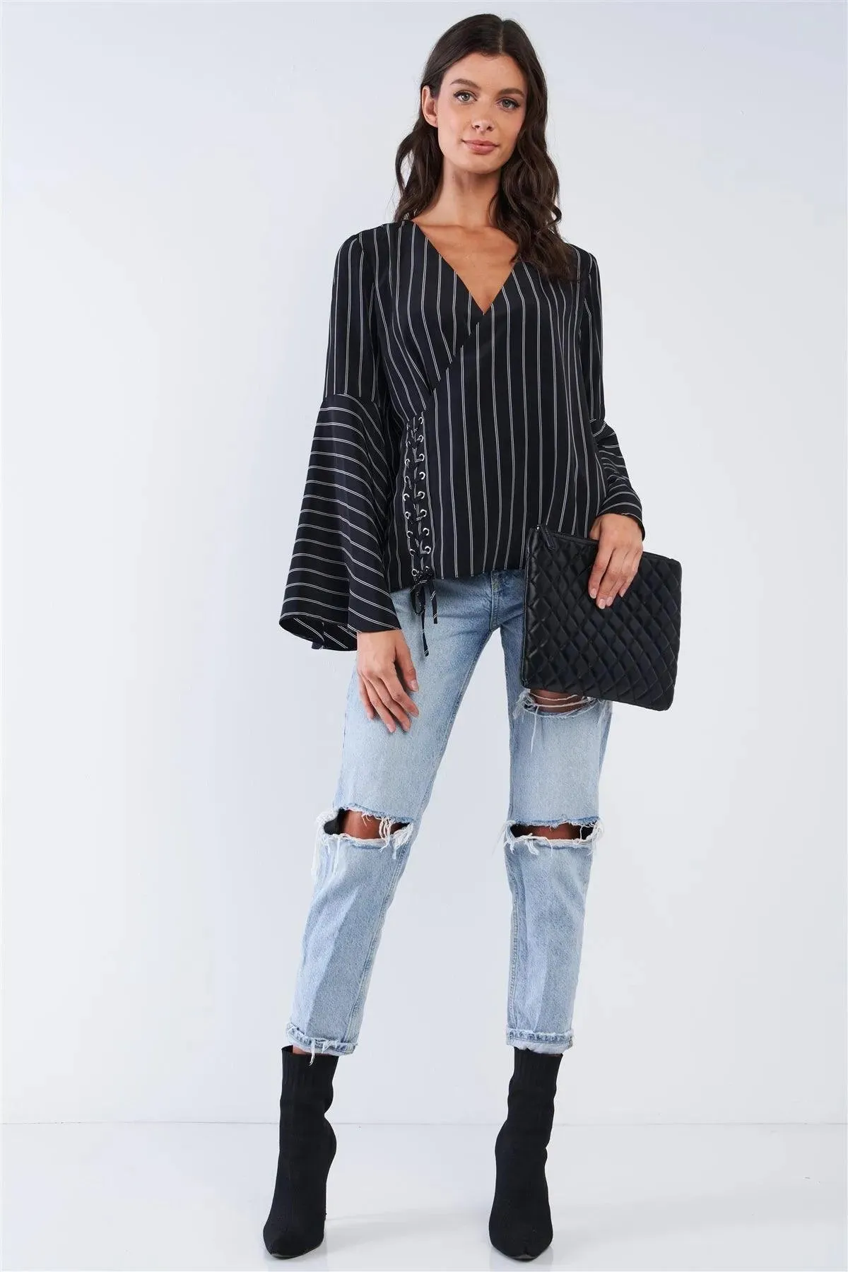 Black V-Neck Wrap Loose Fit White Horizontal Double Stripe Bellflower Long Sleeve Front Cross Threading Corset Detail Top /1-3-2-1
