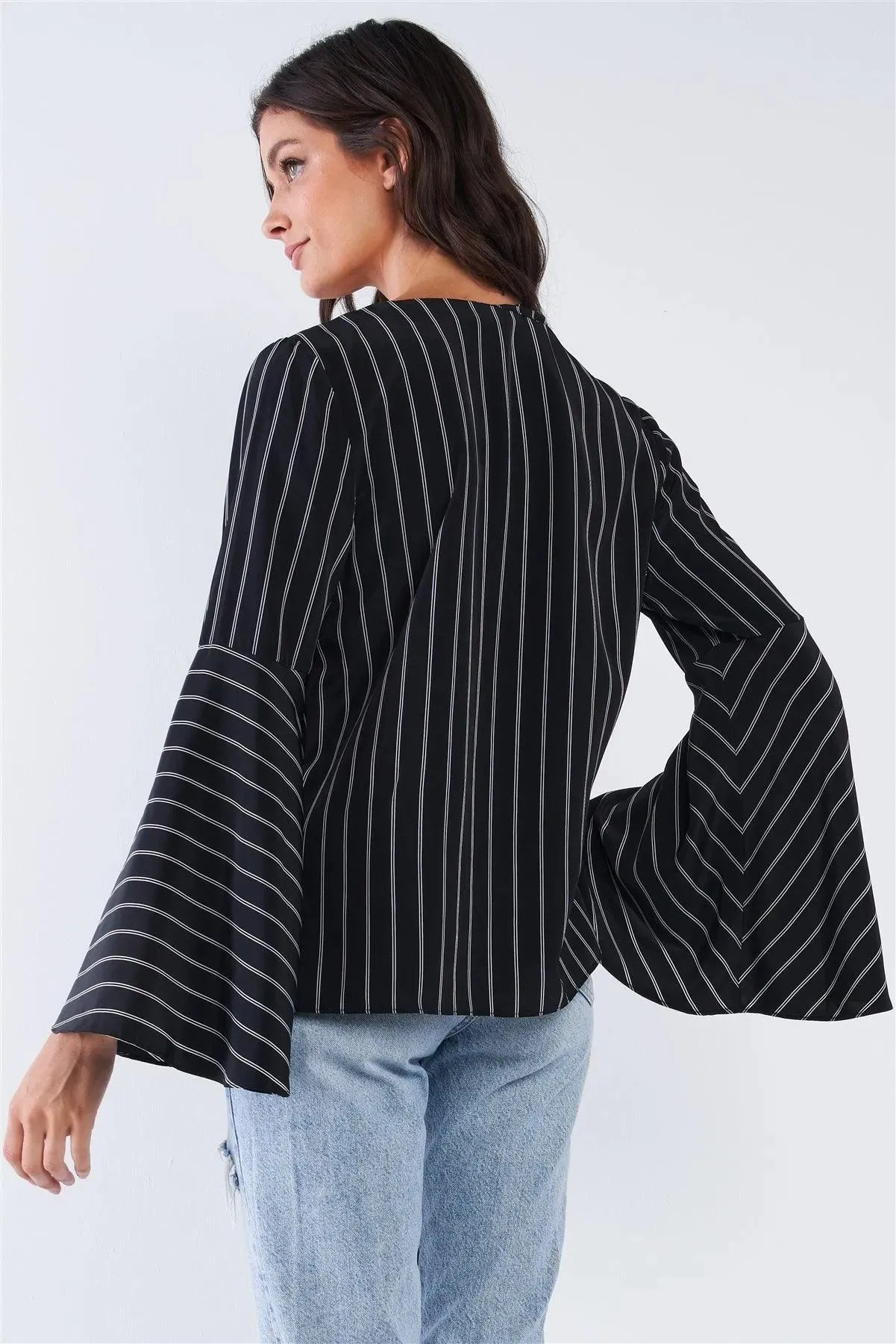 Black V-Neck Wrap Loose Fit White Horizontal Double Stripe Bellflower Long Sleeve Front Cross Threading Corset Detail Top /1-3-2-1