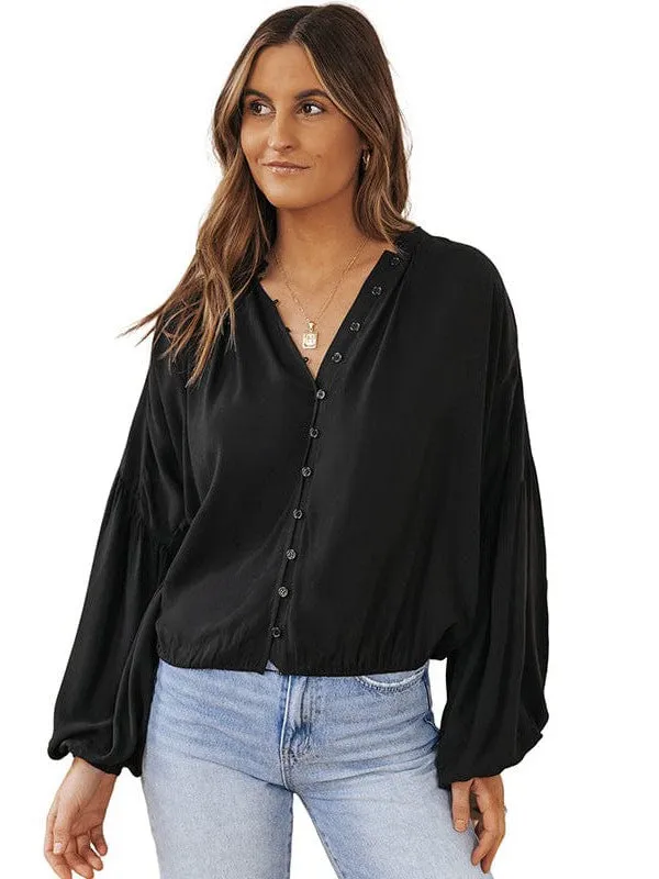Button-Down Balloon Sleeve Top