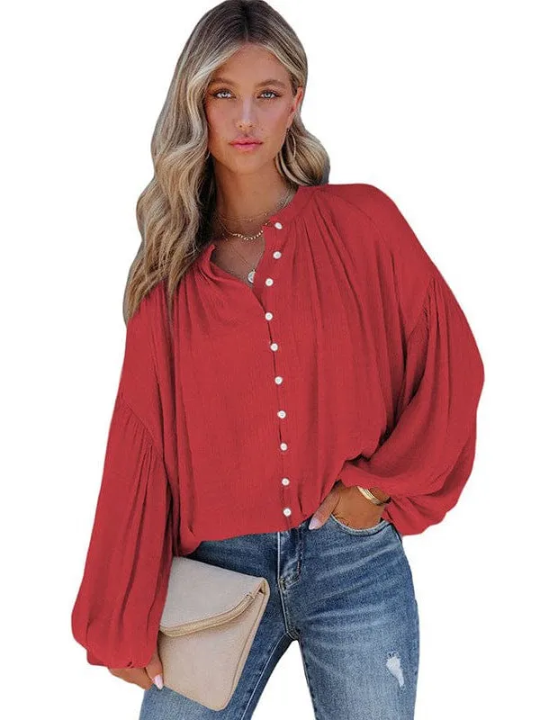 Button-Down Balloon Sleeve Top