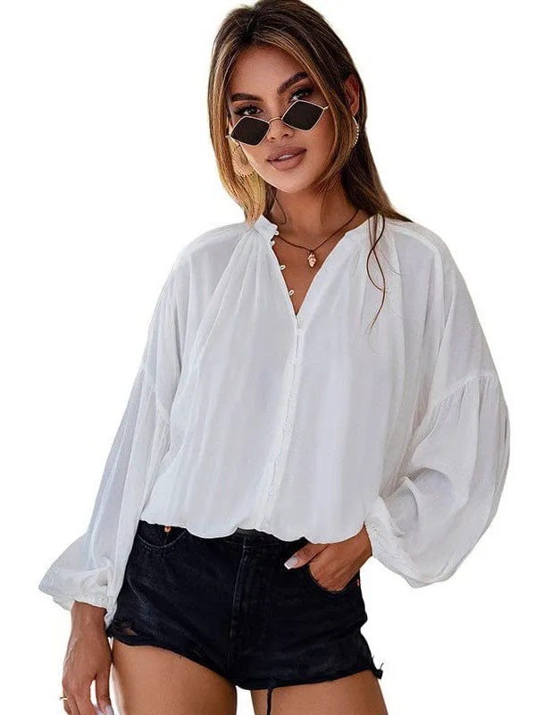 Button-Down Balloon Sleeve Top