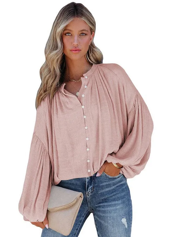Button-Down Balloon Sleeve Top