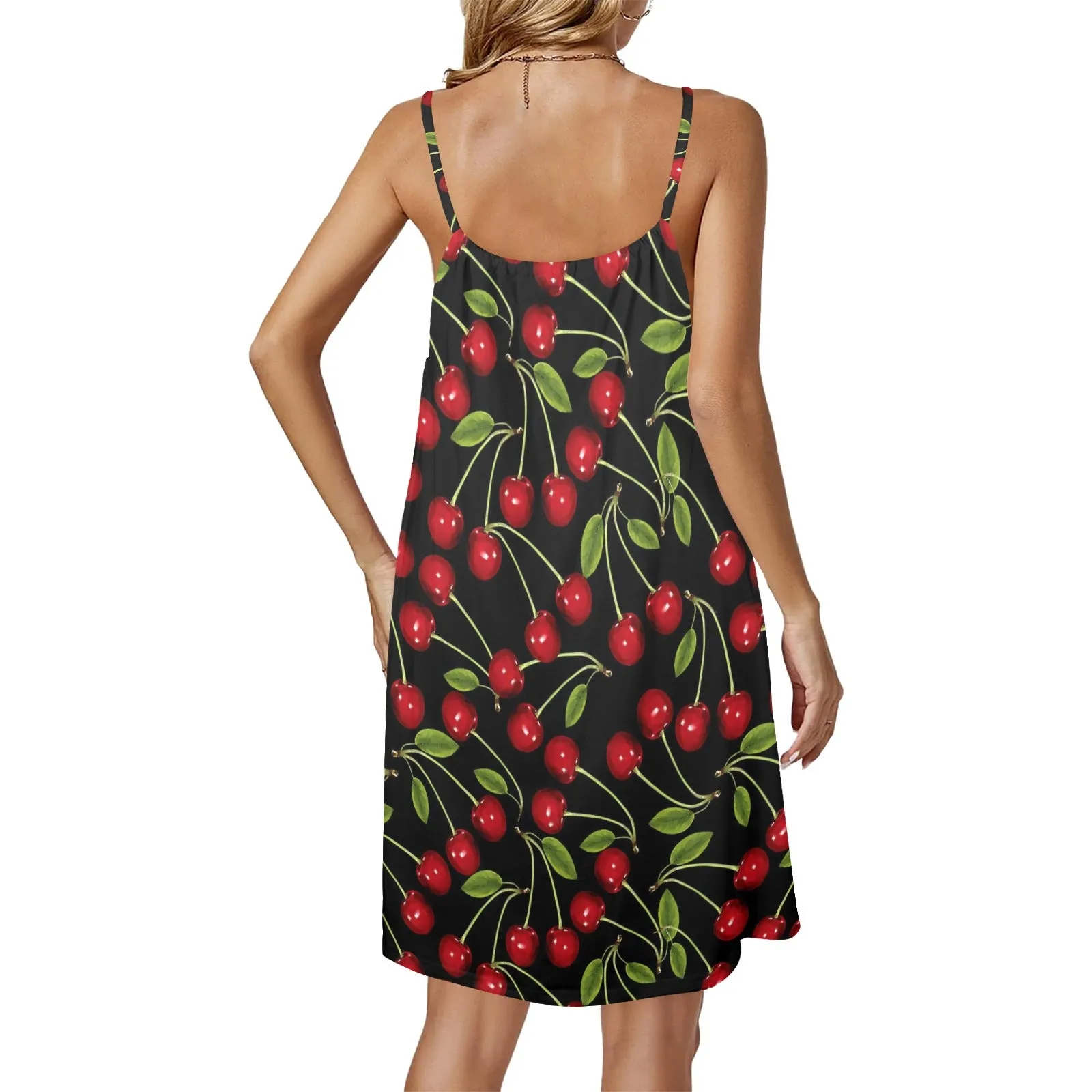 CHERRY BOMB PRINT 3 Drawstring Neck Sleeveless Dress (Model D68)