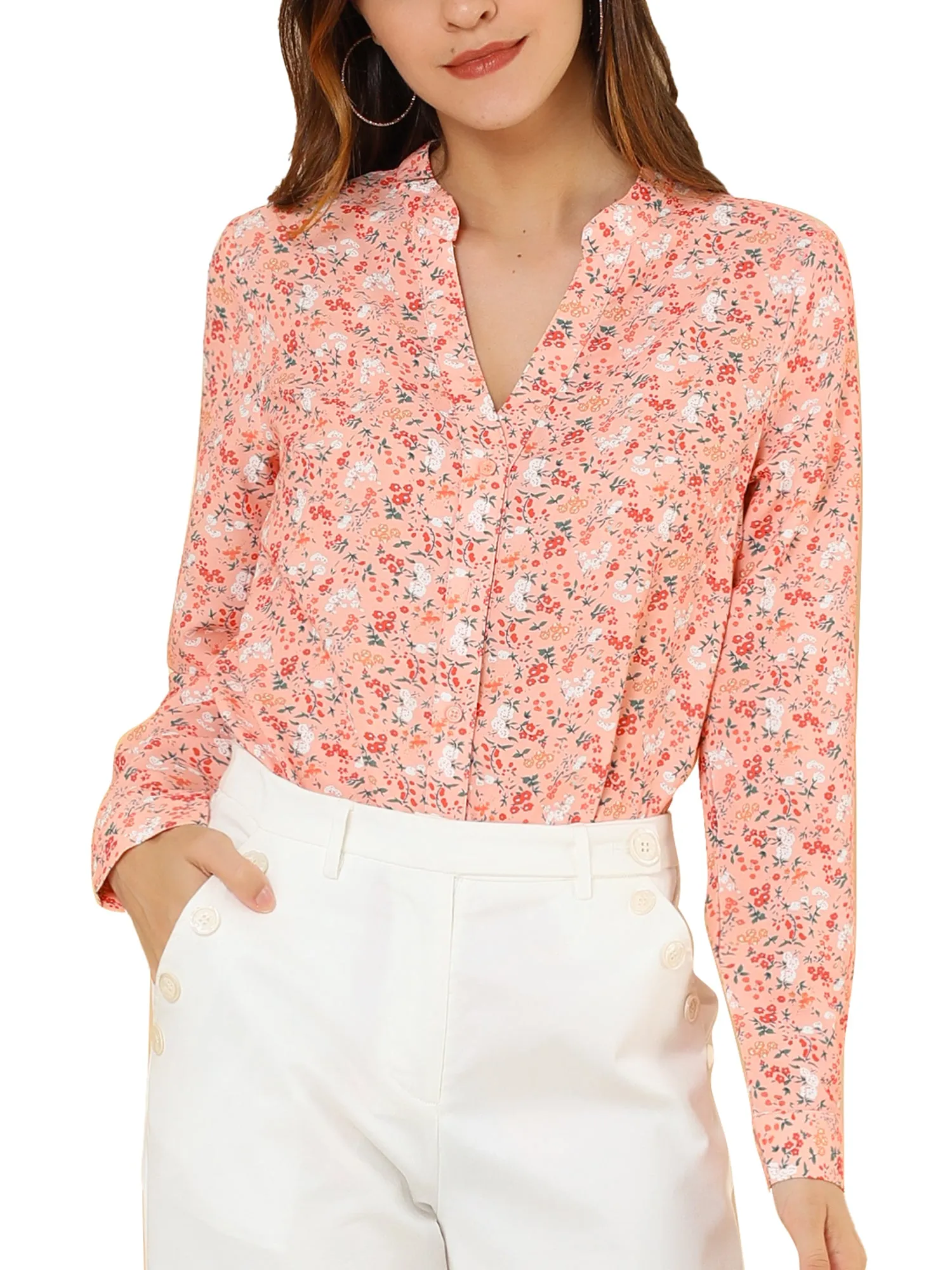 Chiffon Floral Tops V Neck Long Sleeve Button-Up Blouse Shirt