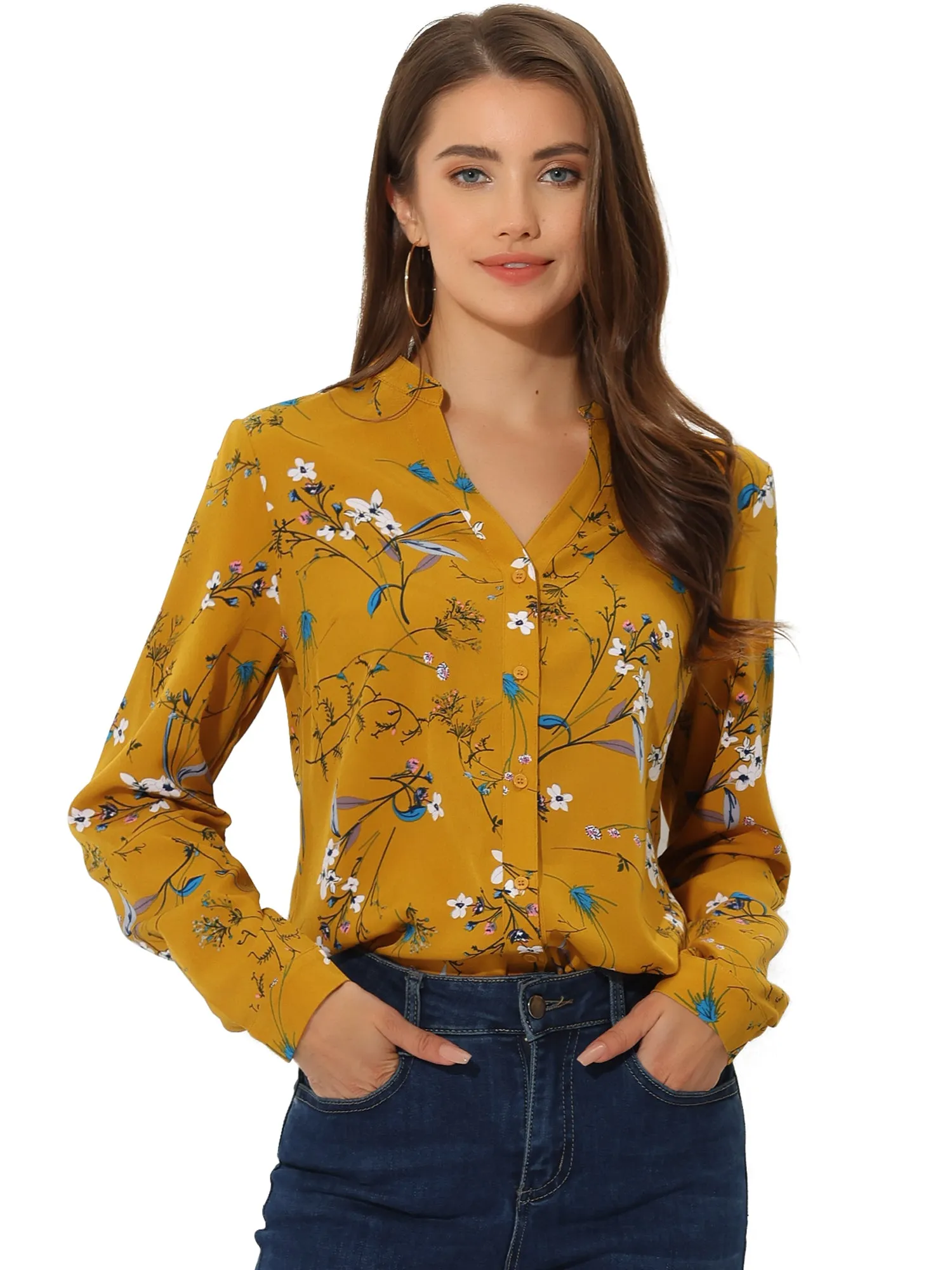 Chiffon Floral Tops V Neck Long Sleeve Button-Up Blouse Shirt