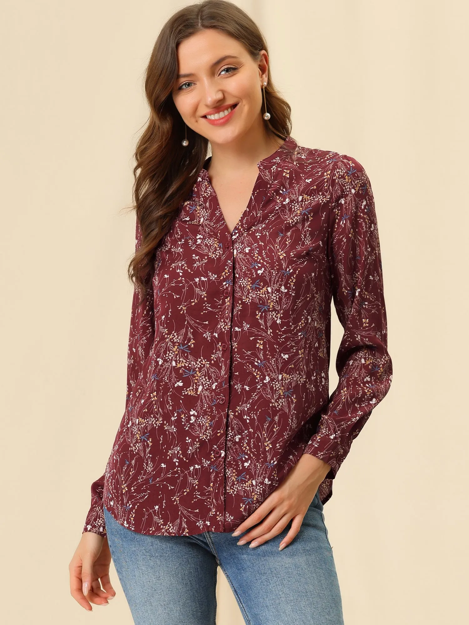 Chiffon Floral Tops V Neck Long Sleeve Button-Up Blouse Shirt