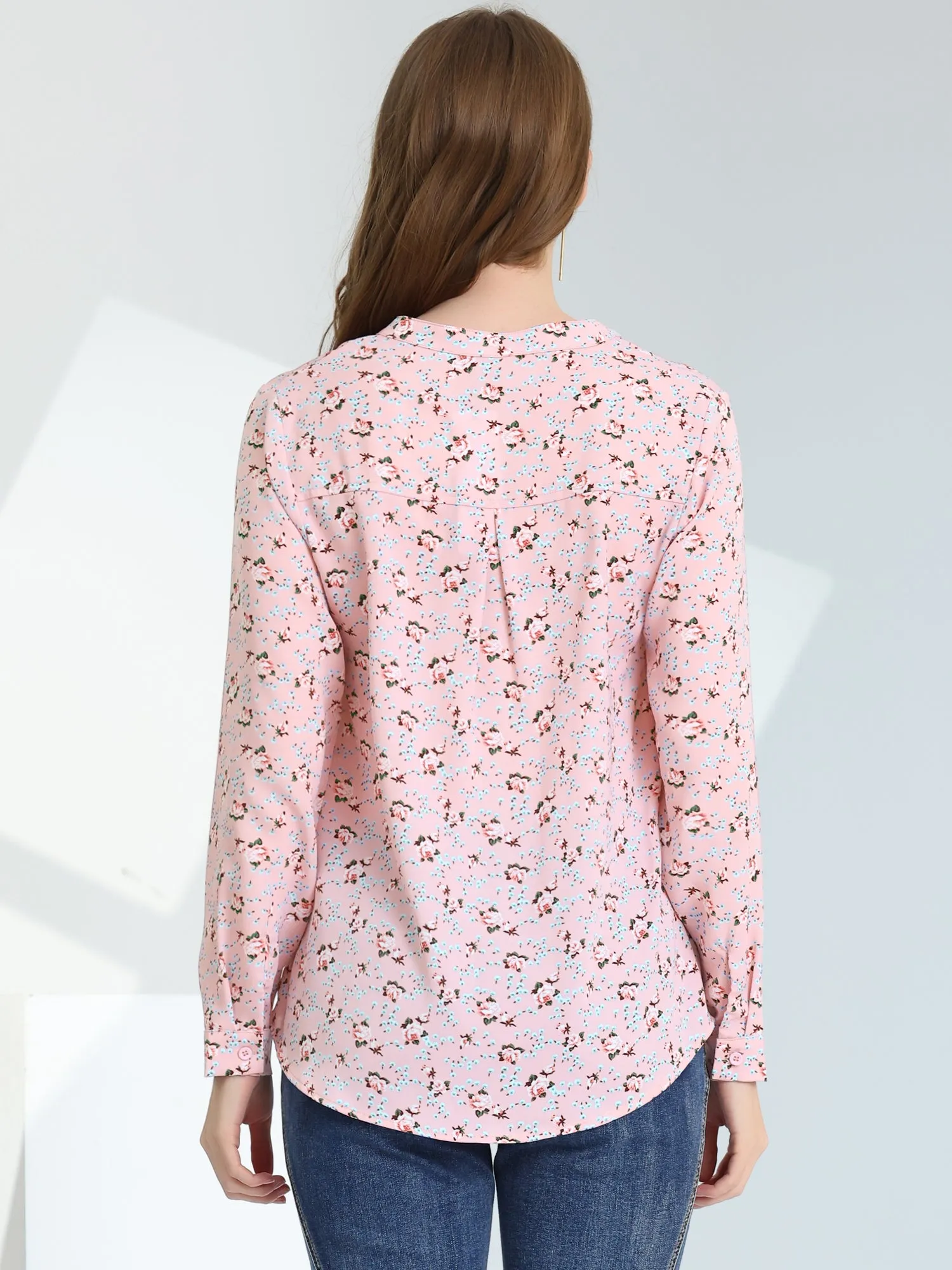 Chiffon Floral Tops V Neck Long Sleeve Button-Up Blouse Shirt