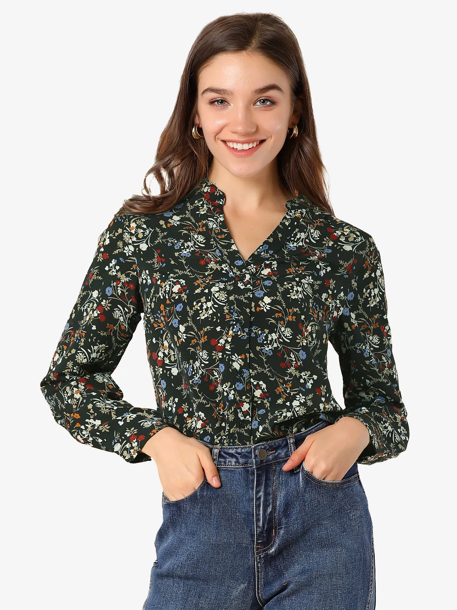 Chiffon Floral Tops V Neck Long Sleeve Button-Up Blouse Shirt