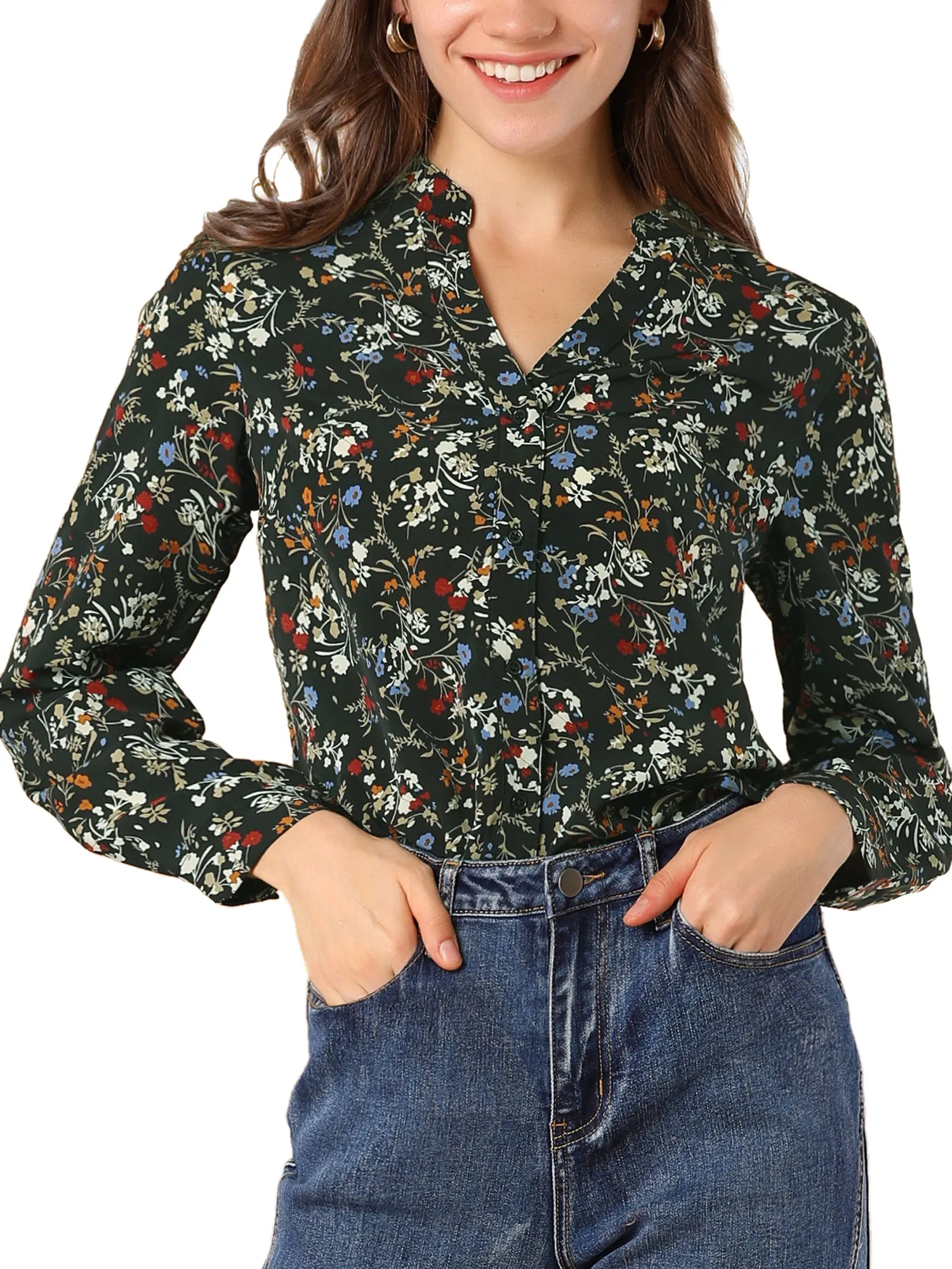 Chiffon Floral Tops V Neck Long Sleeve Button-Up Blouse Shirt