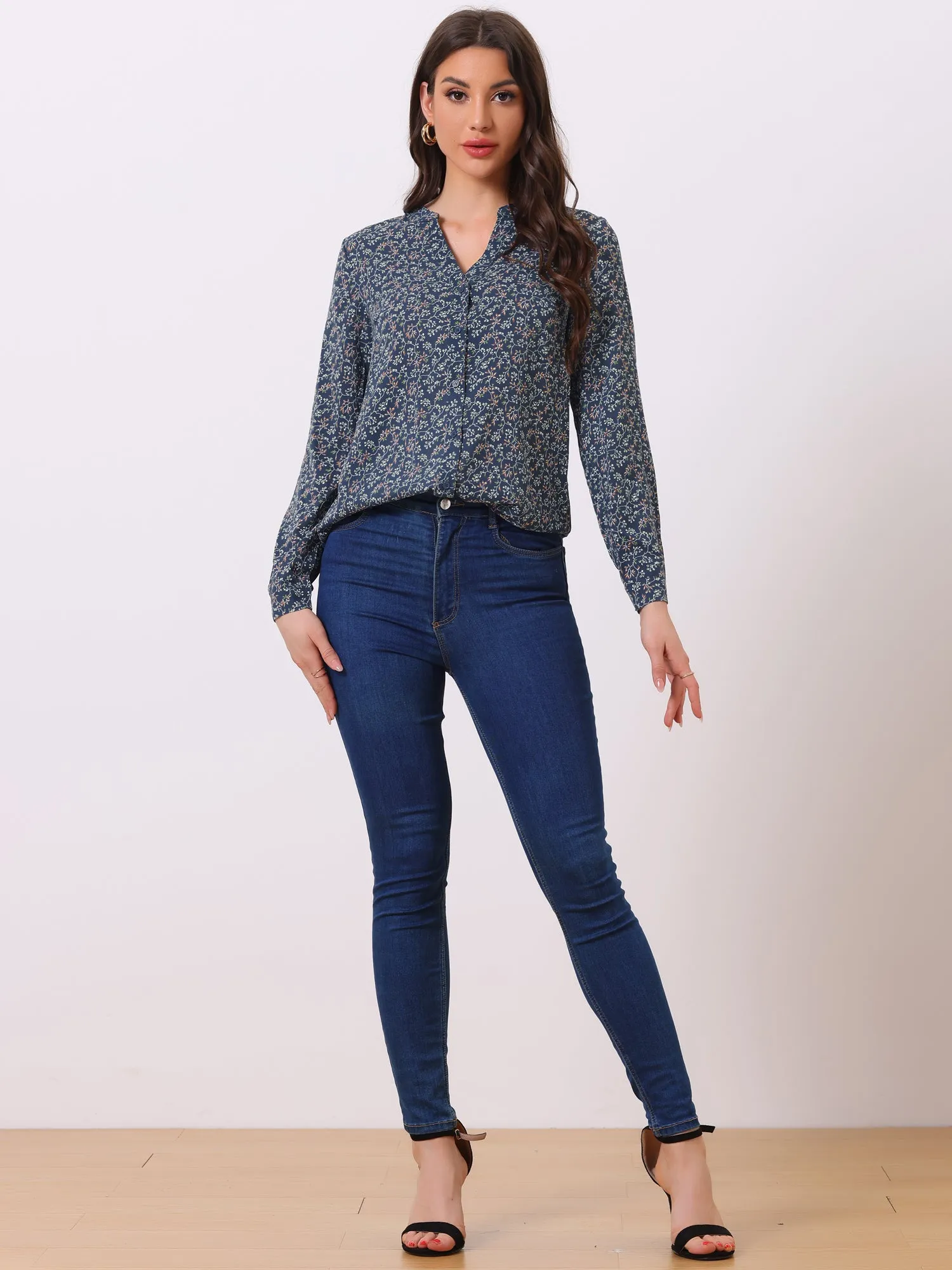 Chiffon Floral Tops V Neck Long Sleeve Button-Up Blouse Shirt