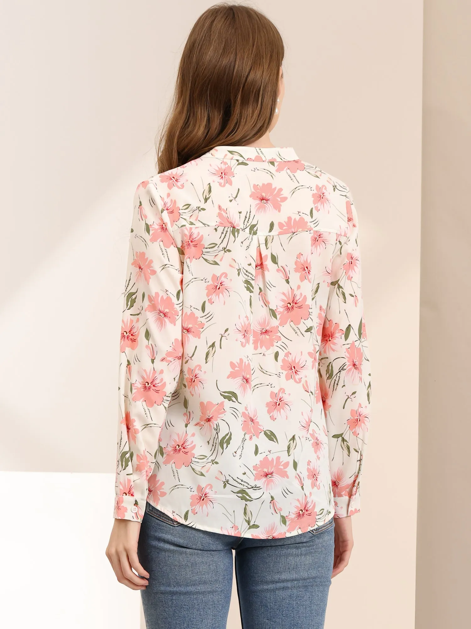 Chiffon Floral Tops V Neck Long Sleeve Button-Up Blouse Shirt