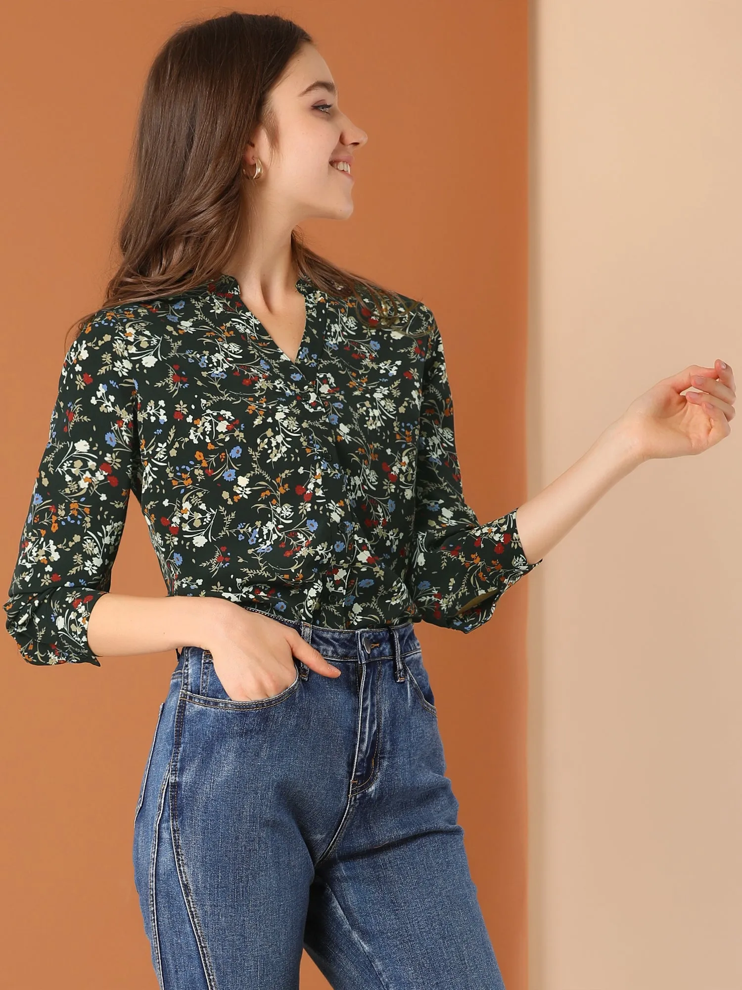 Chiffon Floral Tops V Neck Long Sleeve Button-Up Blouse Shirt