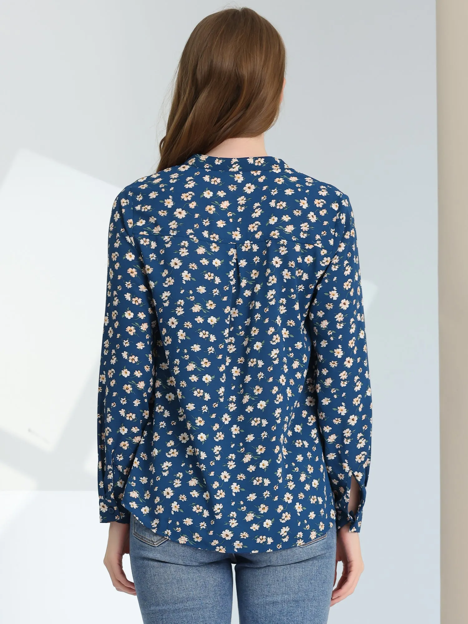 Chiffon Floral Tops V Neck Long Sleeve Button-Up Blouse Shirt