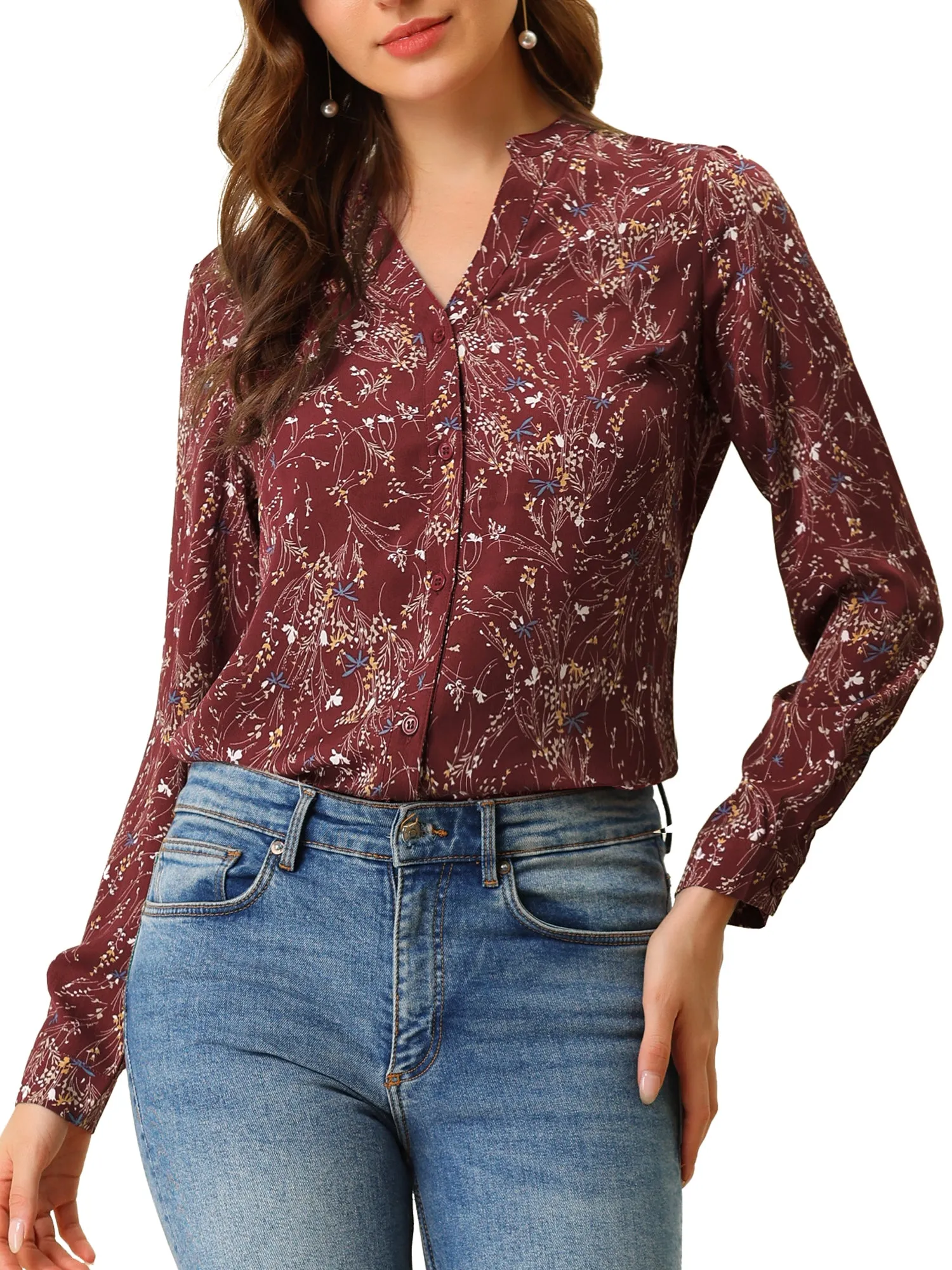 Chiffon Floral Tops V Neck Long Sleeve Button-Up Blouse Shirt