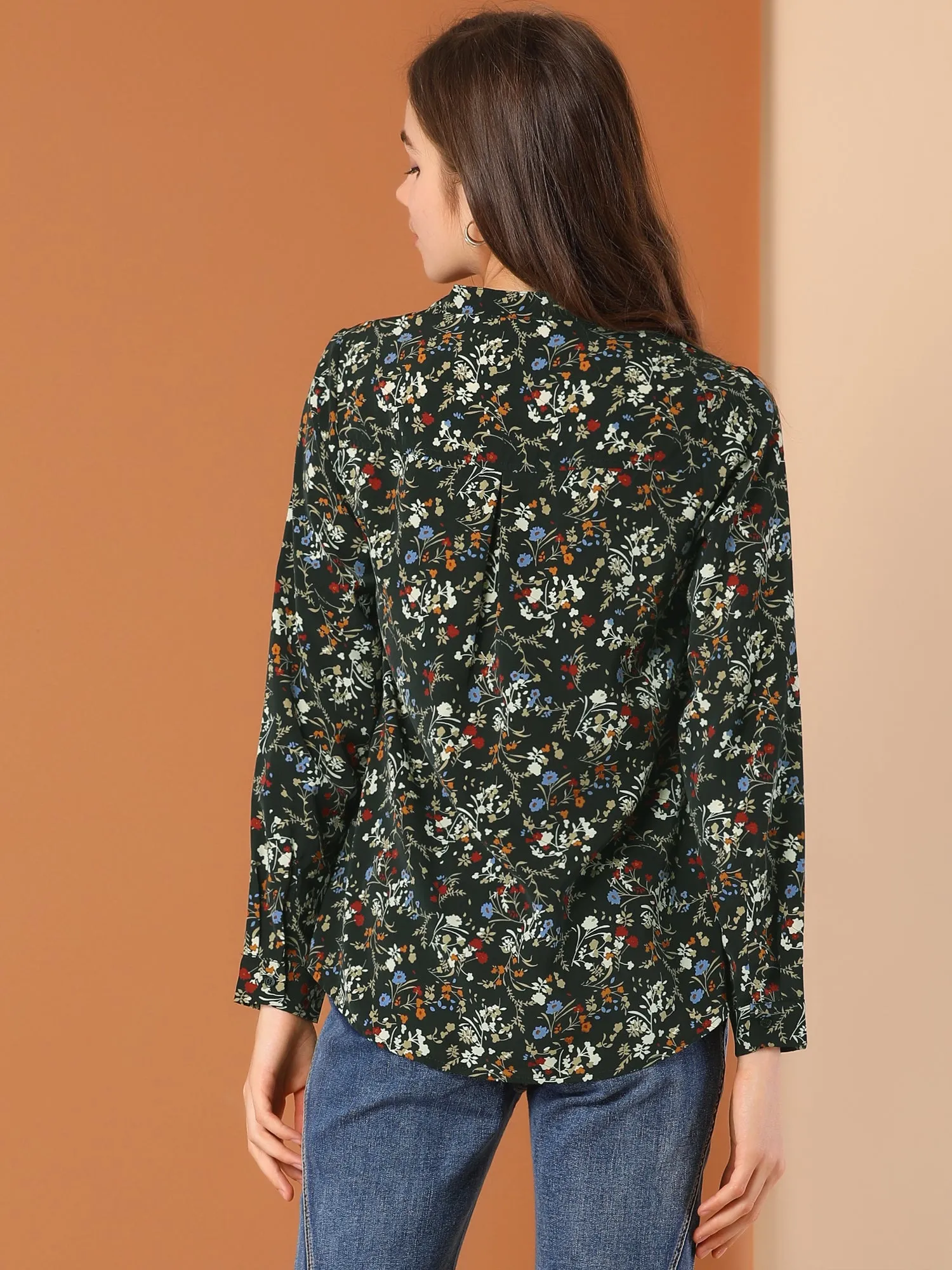 Chiffon Floral Tops V Neck Long Sleeve Button-Up Blouse Shirt