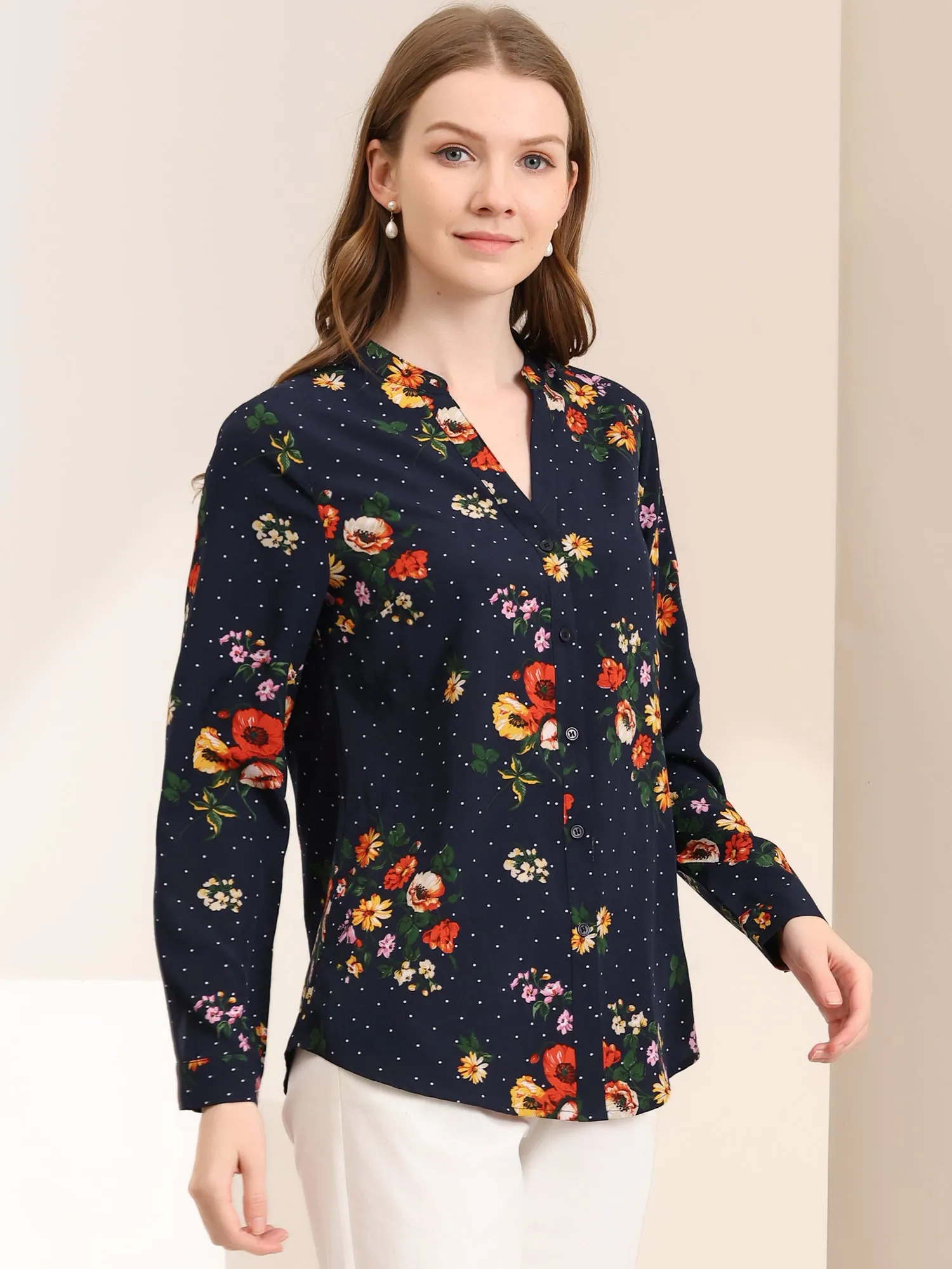 Chiffon Floral Tops V Neck Long Sleeve Button-Up Blouse Shirt