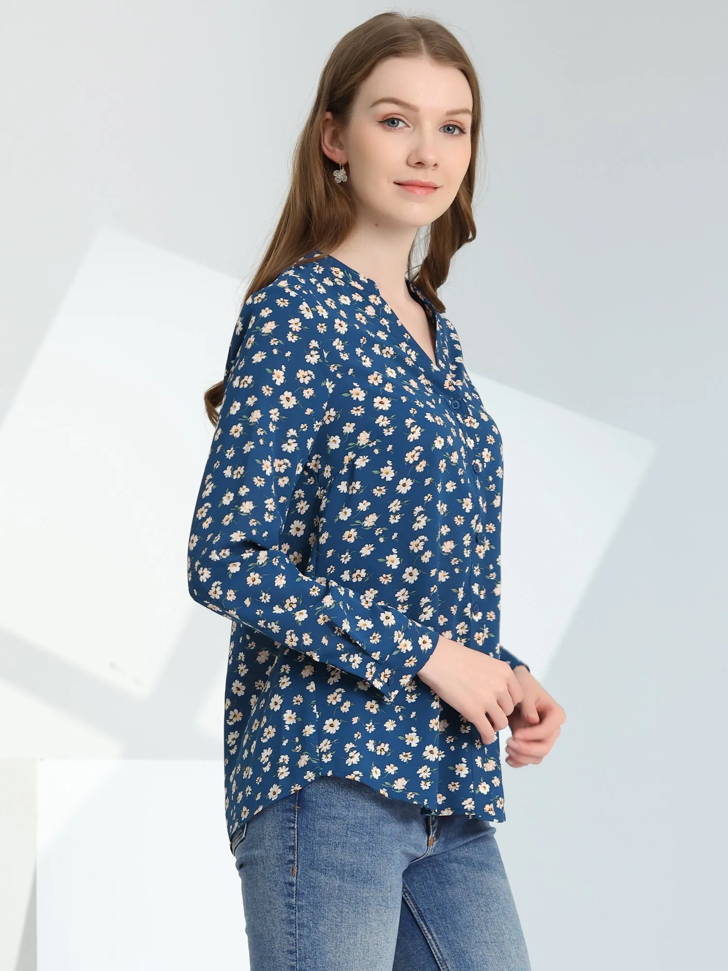 Chiffon Floral Tops V Neck Long Sleeve Button-Up Blouse Shirt