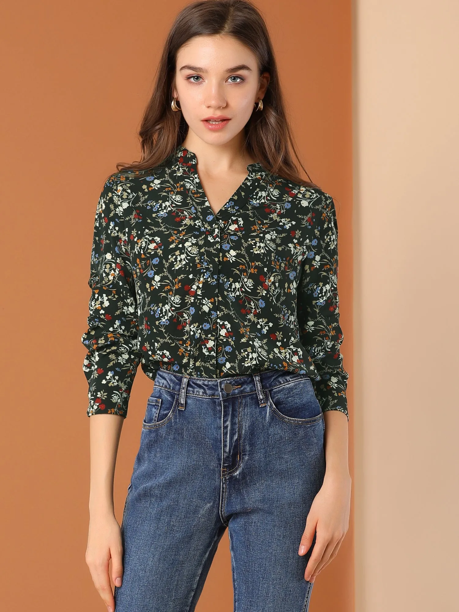 Chiffon Floral Tops V Neck Long Sleeve Button-Up Blouse Shirt