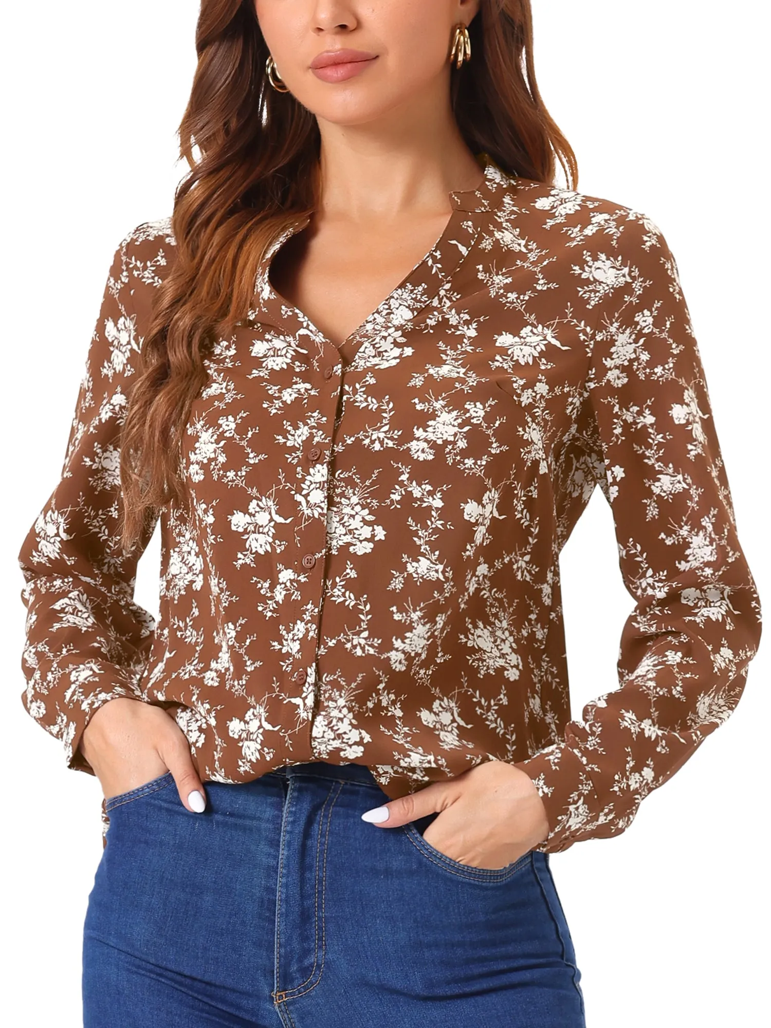 Chiffon Floral Tops V Neck Long Sleeve Button-Up Blouse Shirt