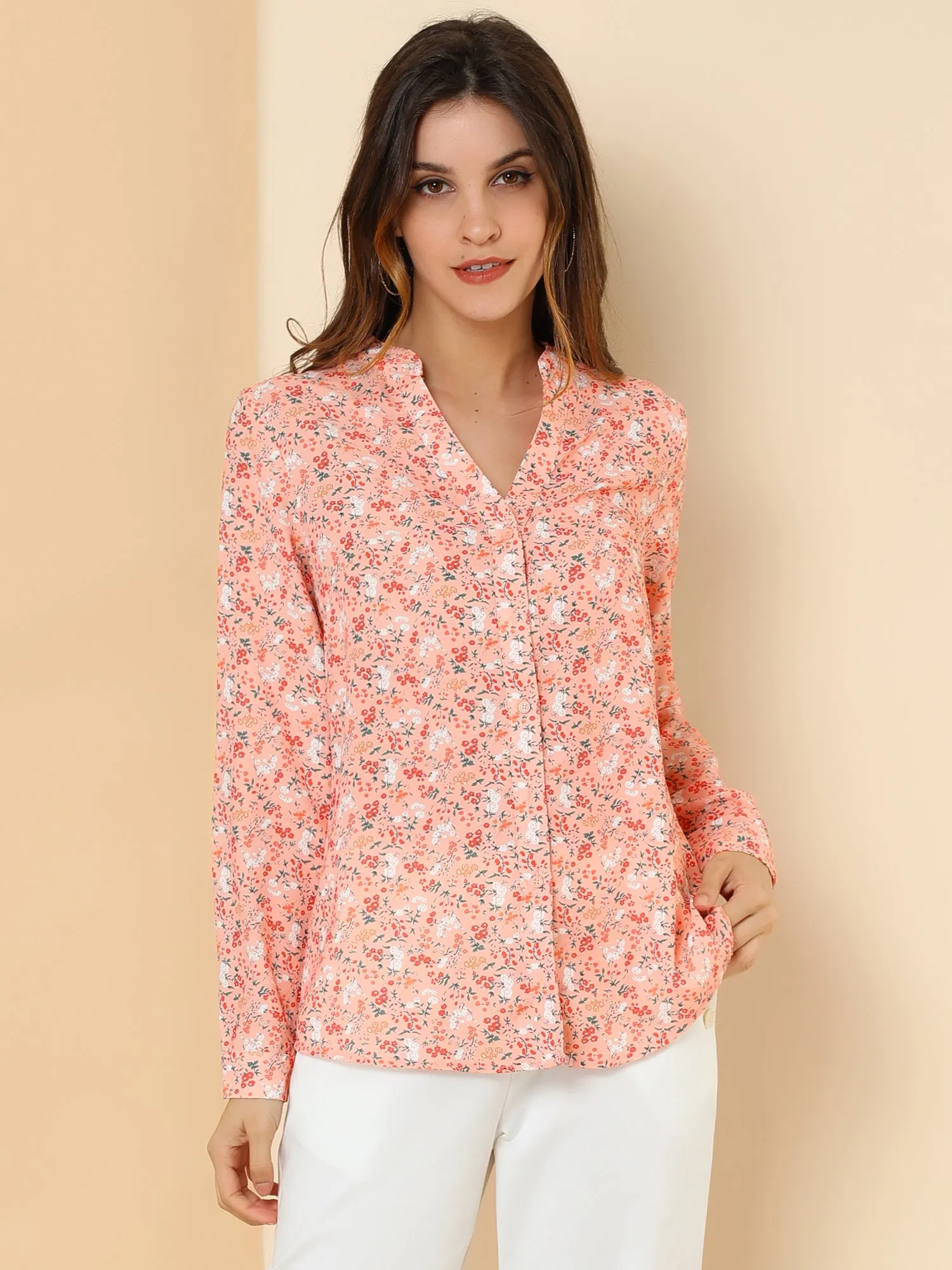 Chiffon Floral Tops V Neck Long Sleeve Button-Up Blouse Shirt