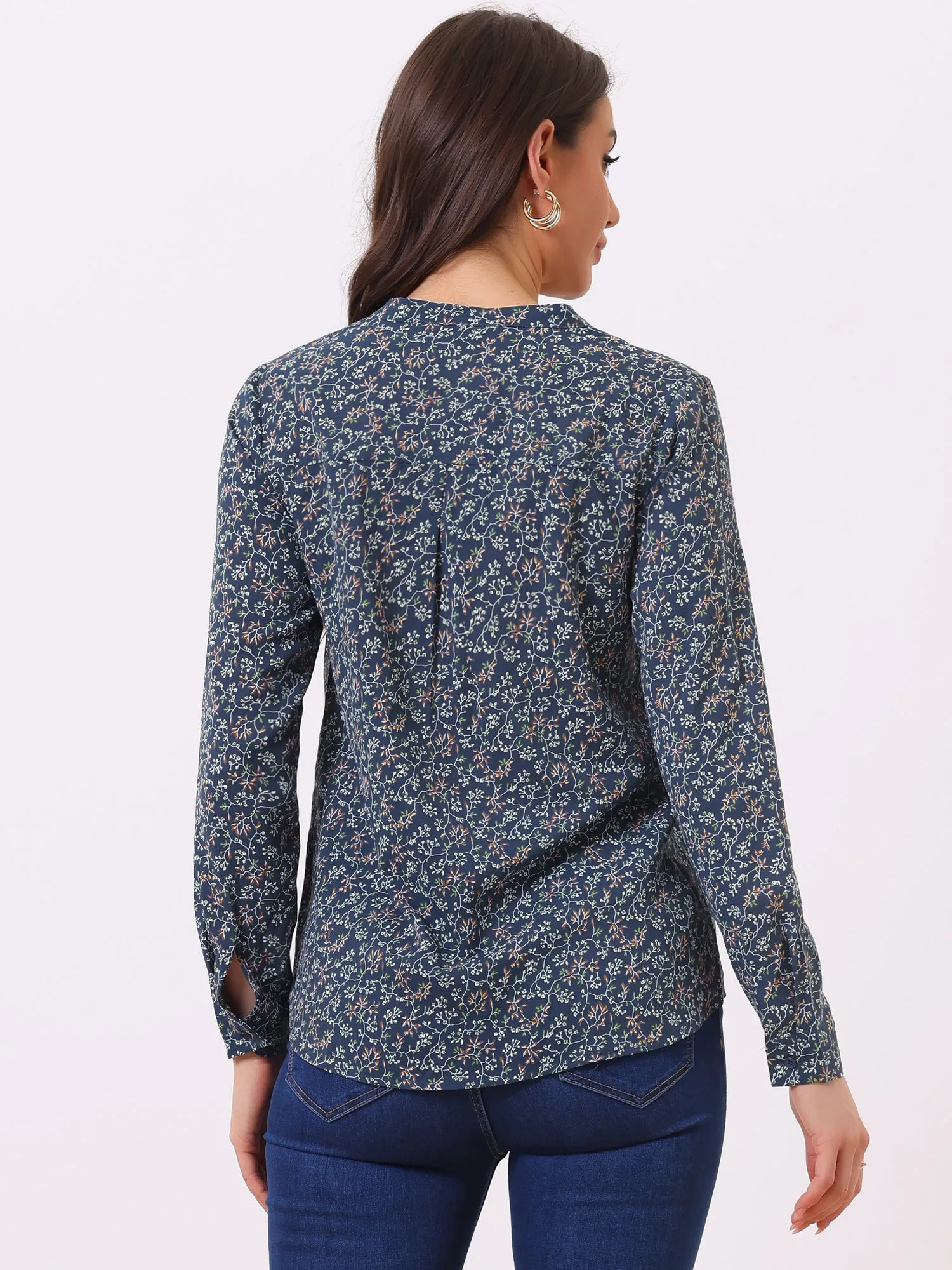 Chiffon Floral Tops V Neck Long Sleeve Button-Up Blouse Shirt
