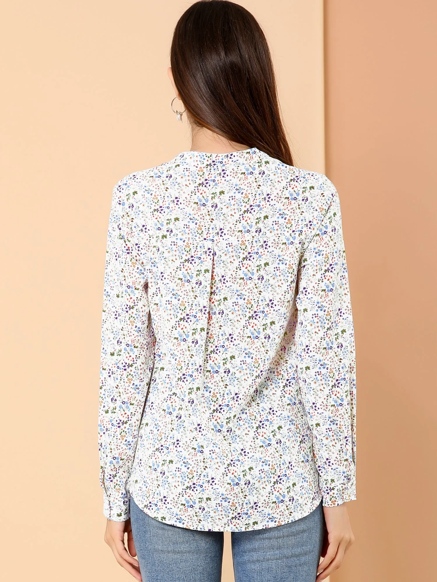 Chiffon Floral Tops V Neck Long Sleeve Button-Up Blouse Shirt