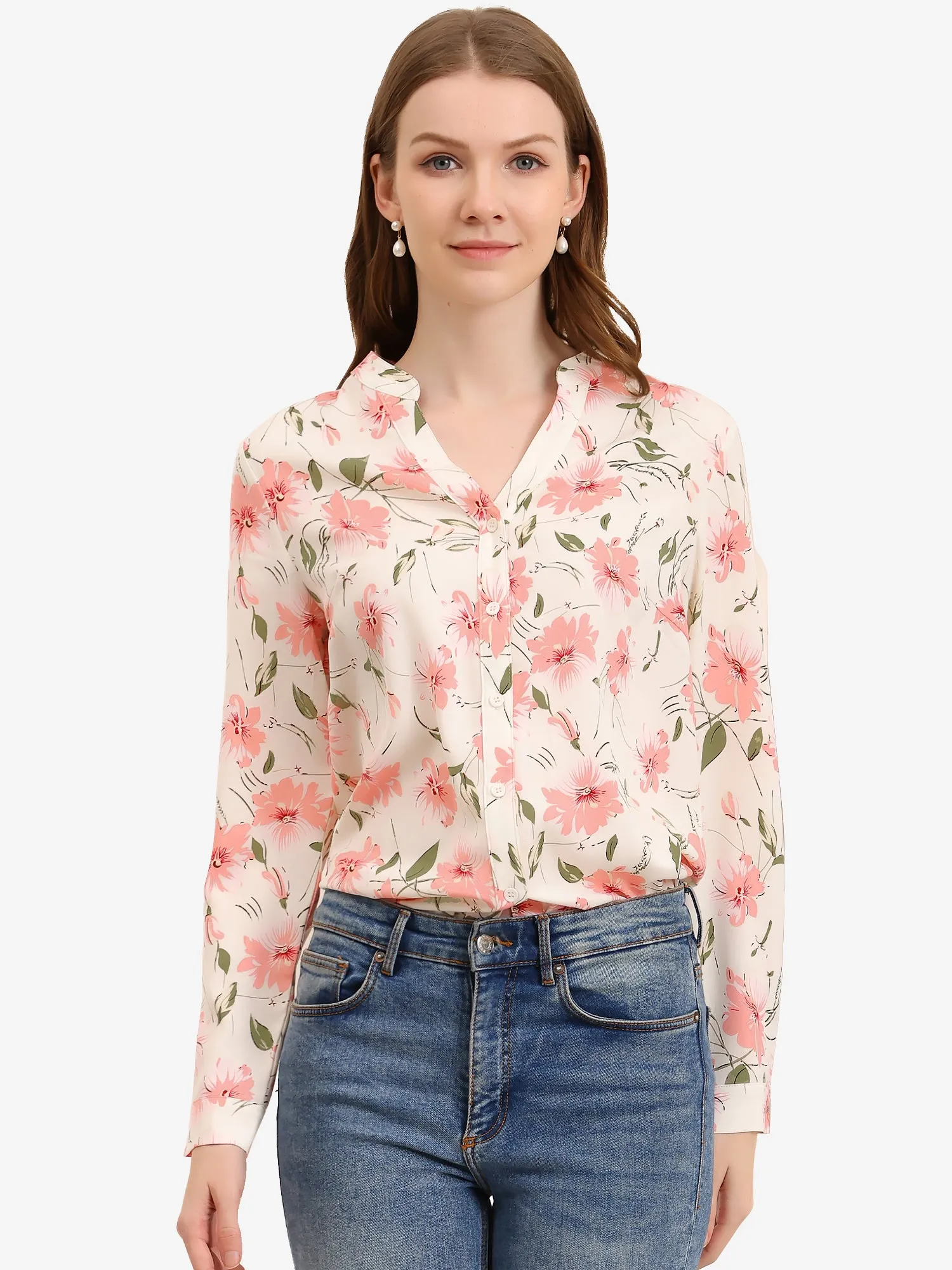 Chiffon Floral Tops V Neck Long Sleeve Button-Up Blouse Shirt