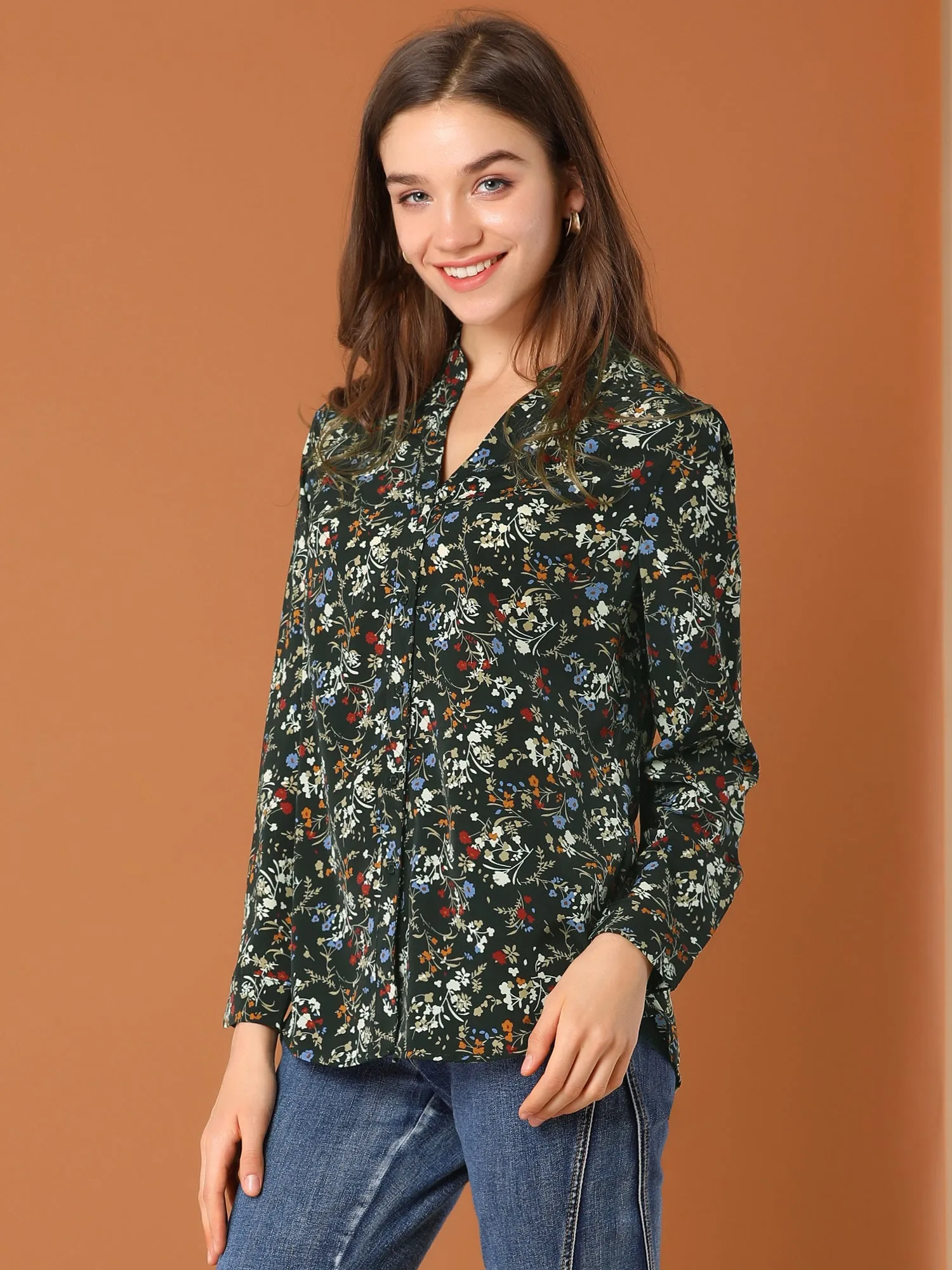 Chiffon Floral Tops V Neck Long Sleeve Button-Up Blouse Shirt