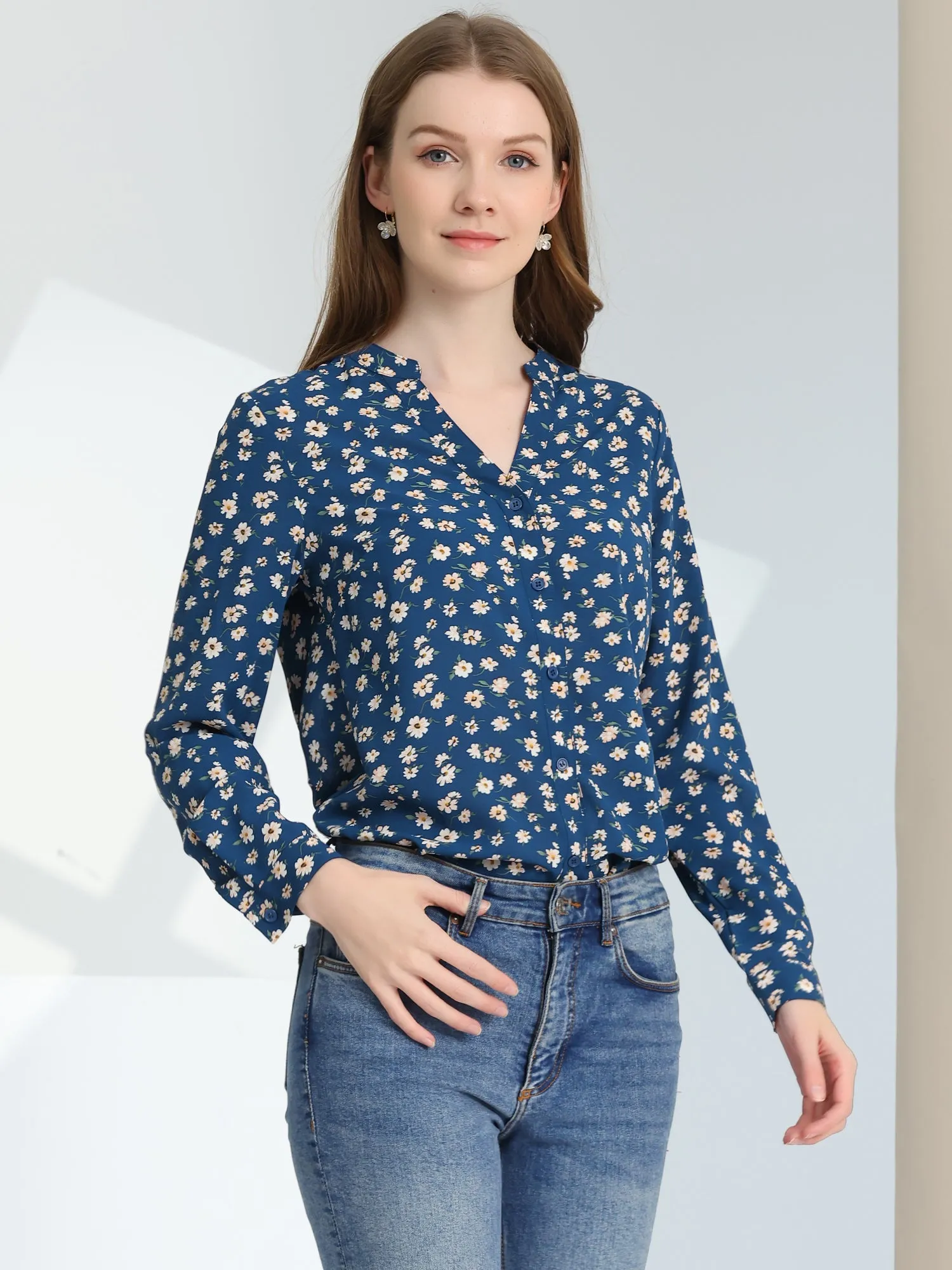 Chiffon Floral Tops V Neck Long Sleeve Button-Up Blouse Shirt