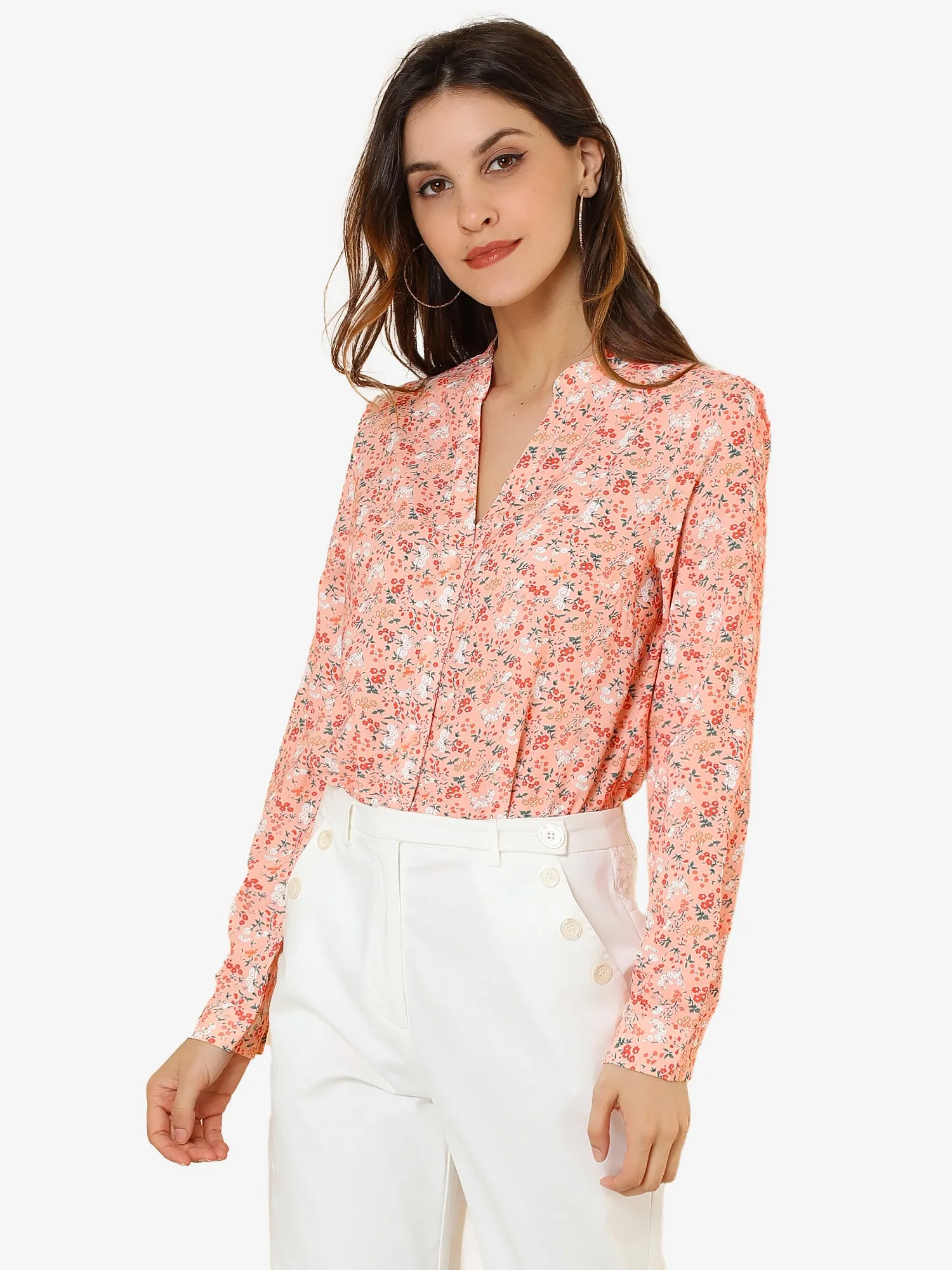 Chiffon Floral Tops V Neck Long Sleeve Button-Up Blouse Shirt