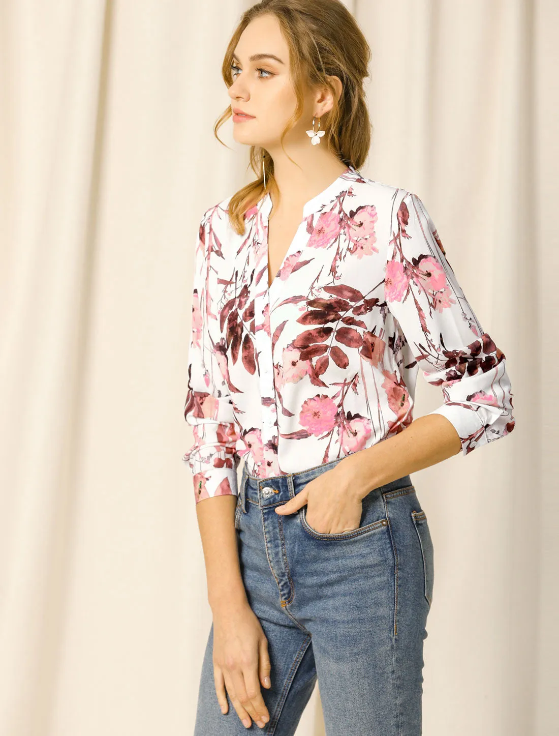 Chiffon Floral Tops V Neck Long Sleeve Button-Up Blouse Shirt