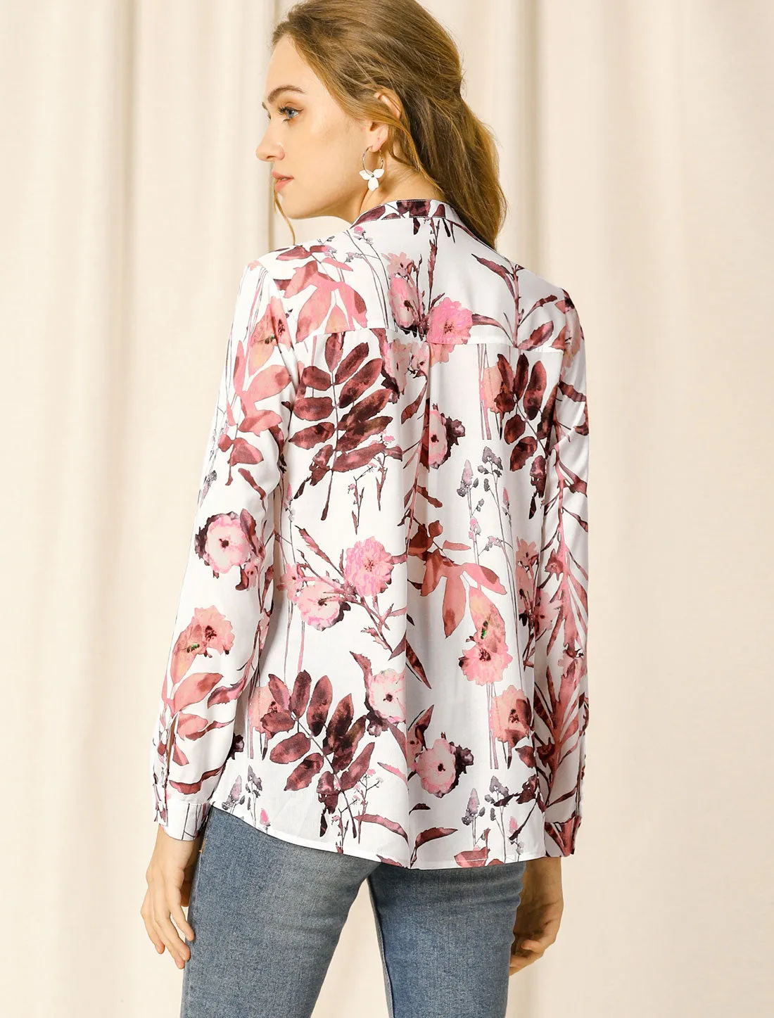 Chiffon Floral Tops V Neck Long Sleeve Button-Up Blouse Shirt