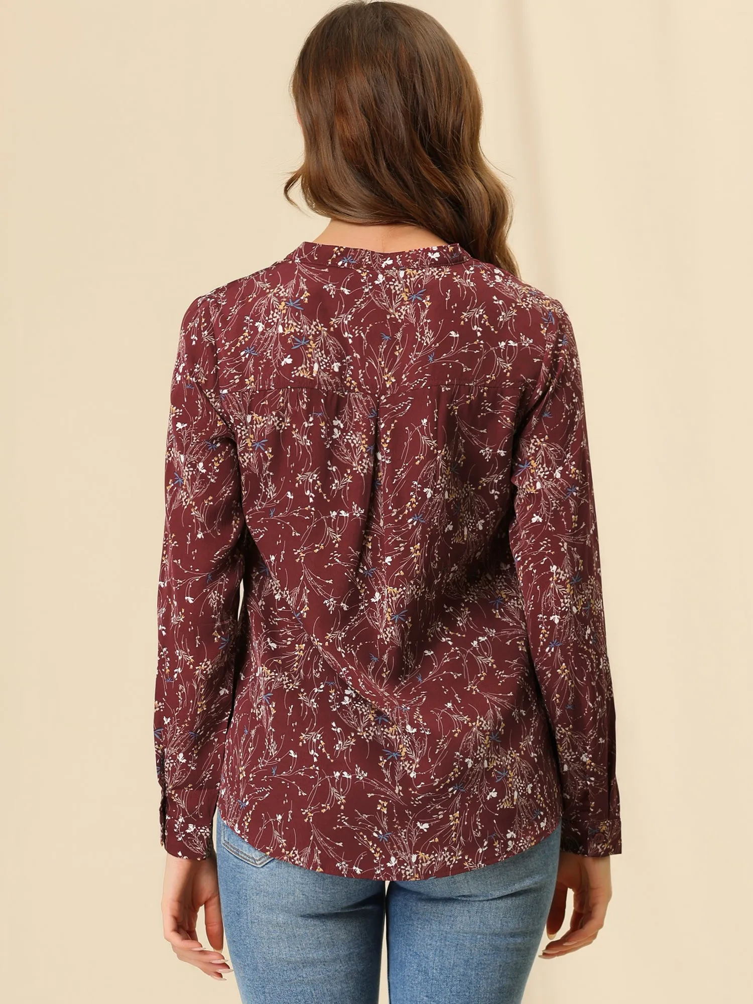 Chiffon Floral Tops V Neck Long Sleeve Button-Up Blouse Shirt
