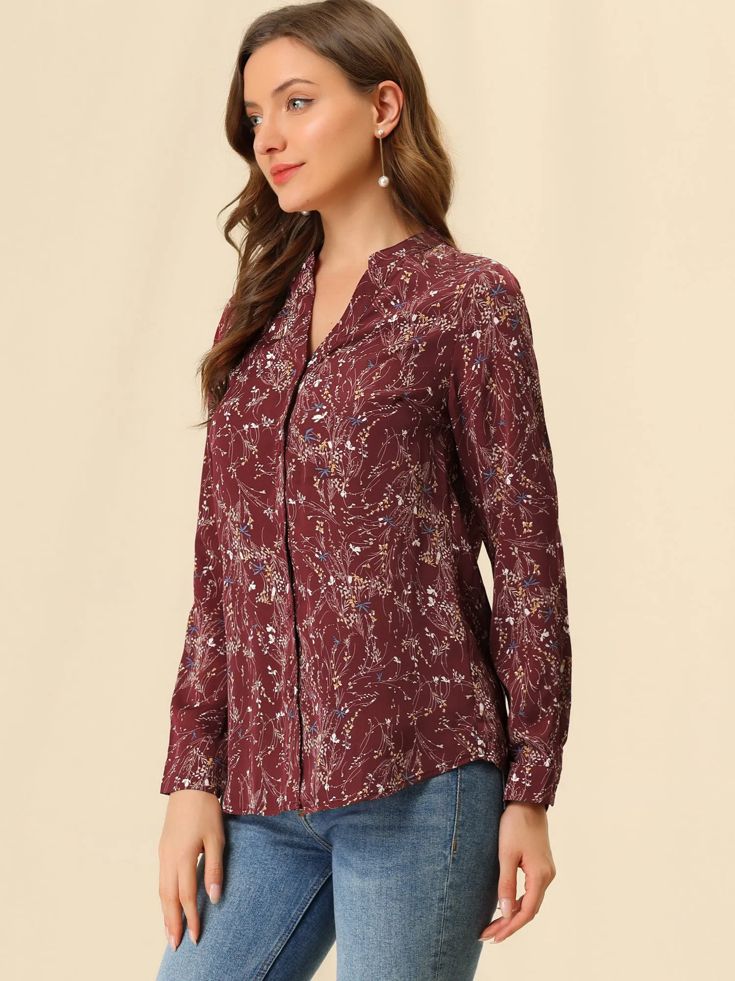Chiffon Floral Tops V Neck Long Sleeve Button-Up Blouse Shirt