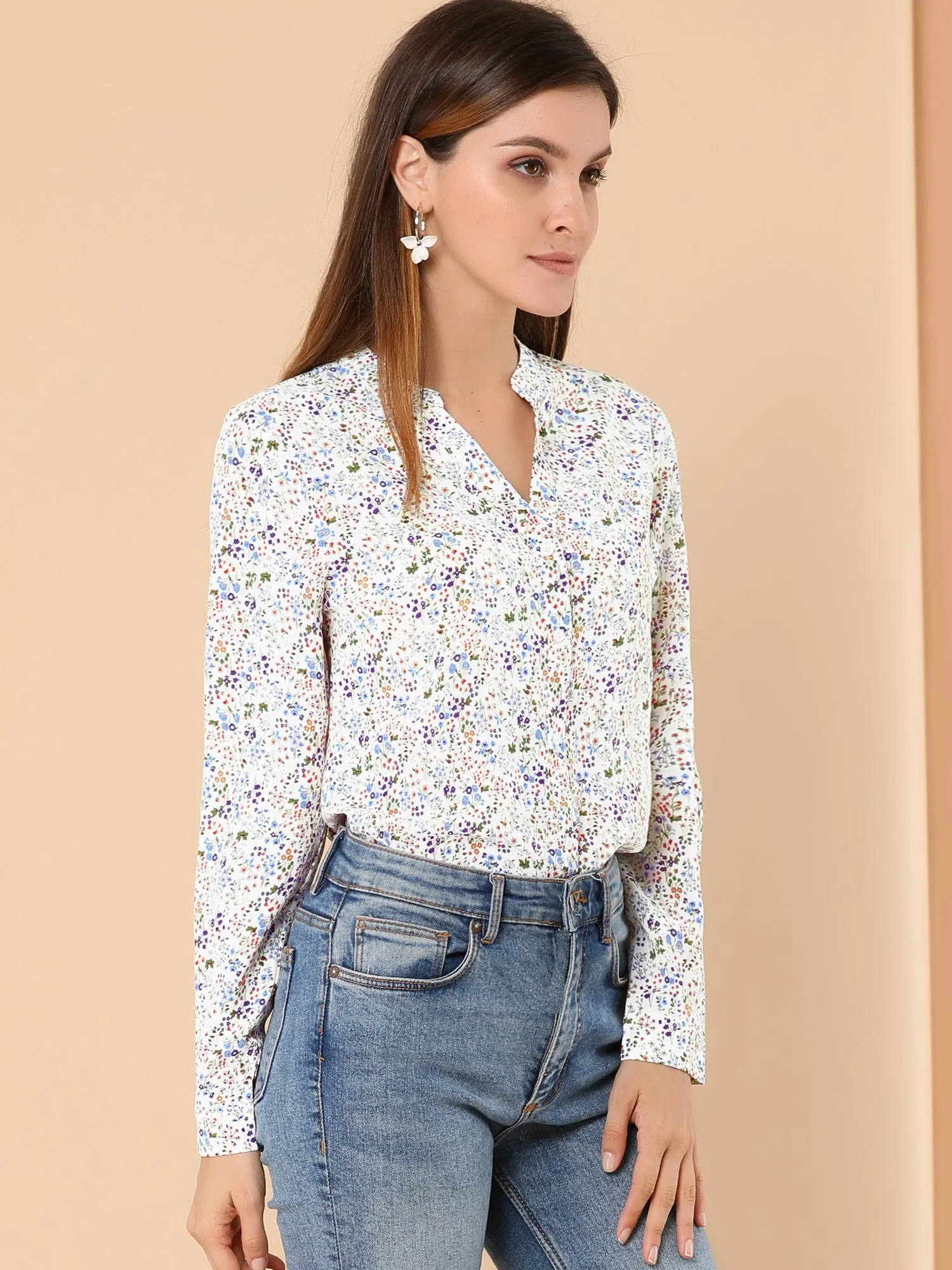 Chiffon Floral Tops V Neck Long Sleeve Button-Up Blouse Shirt