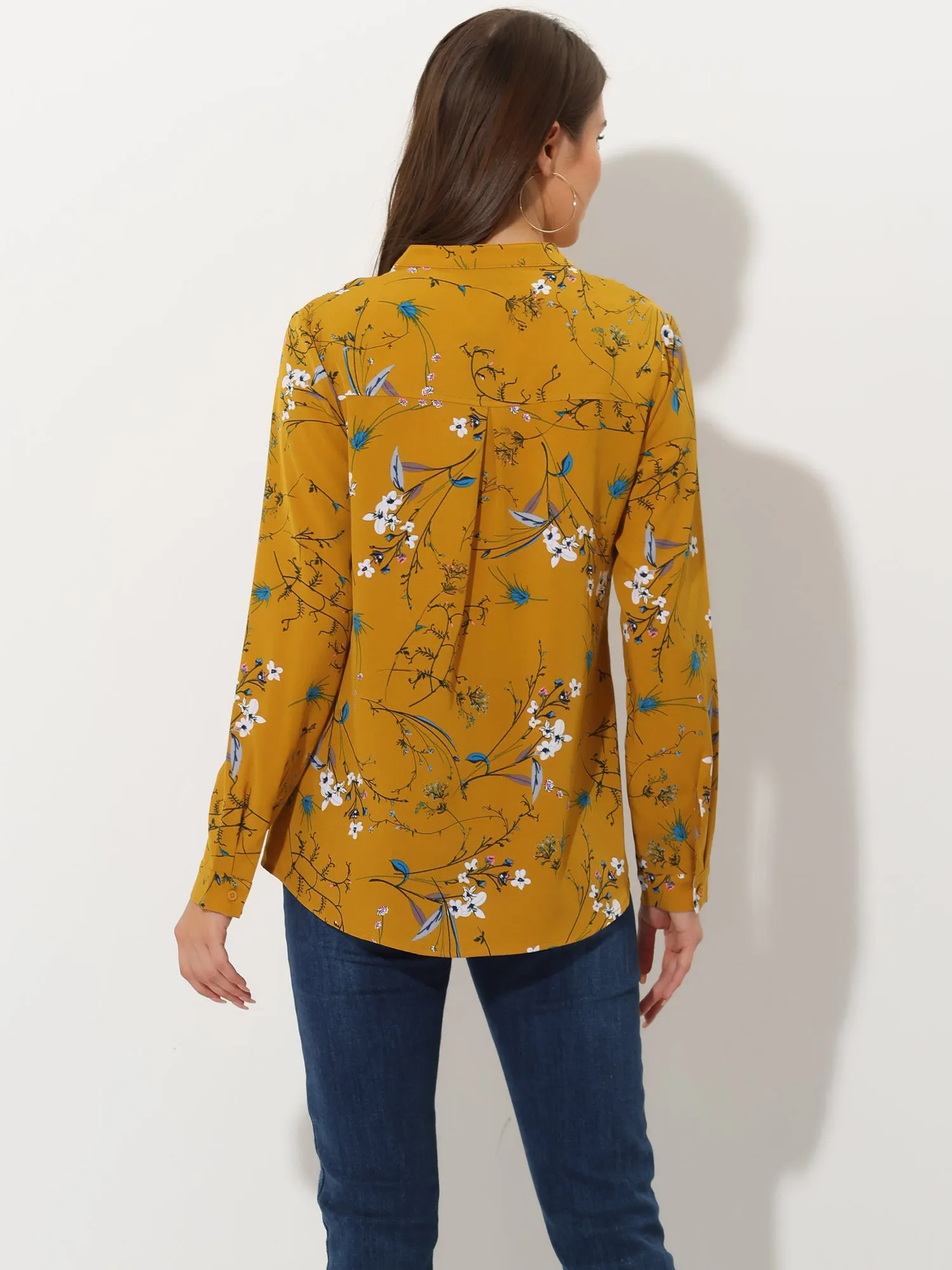Chiffon Floral Tops V Neck Long Sleeve Button-Up Blouse Shirt