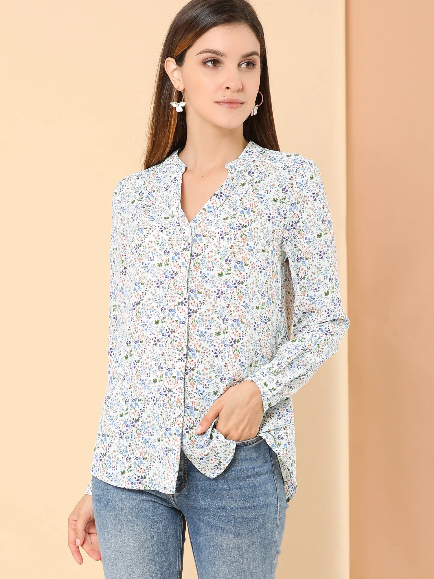 Chiffon Floral Tops V Neck Long Sleeve Button-Up Blouse Shirt