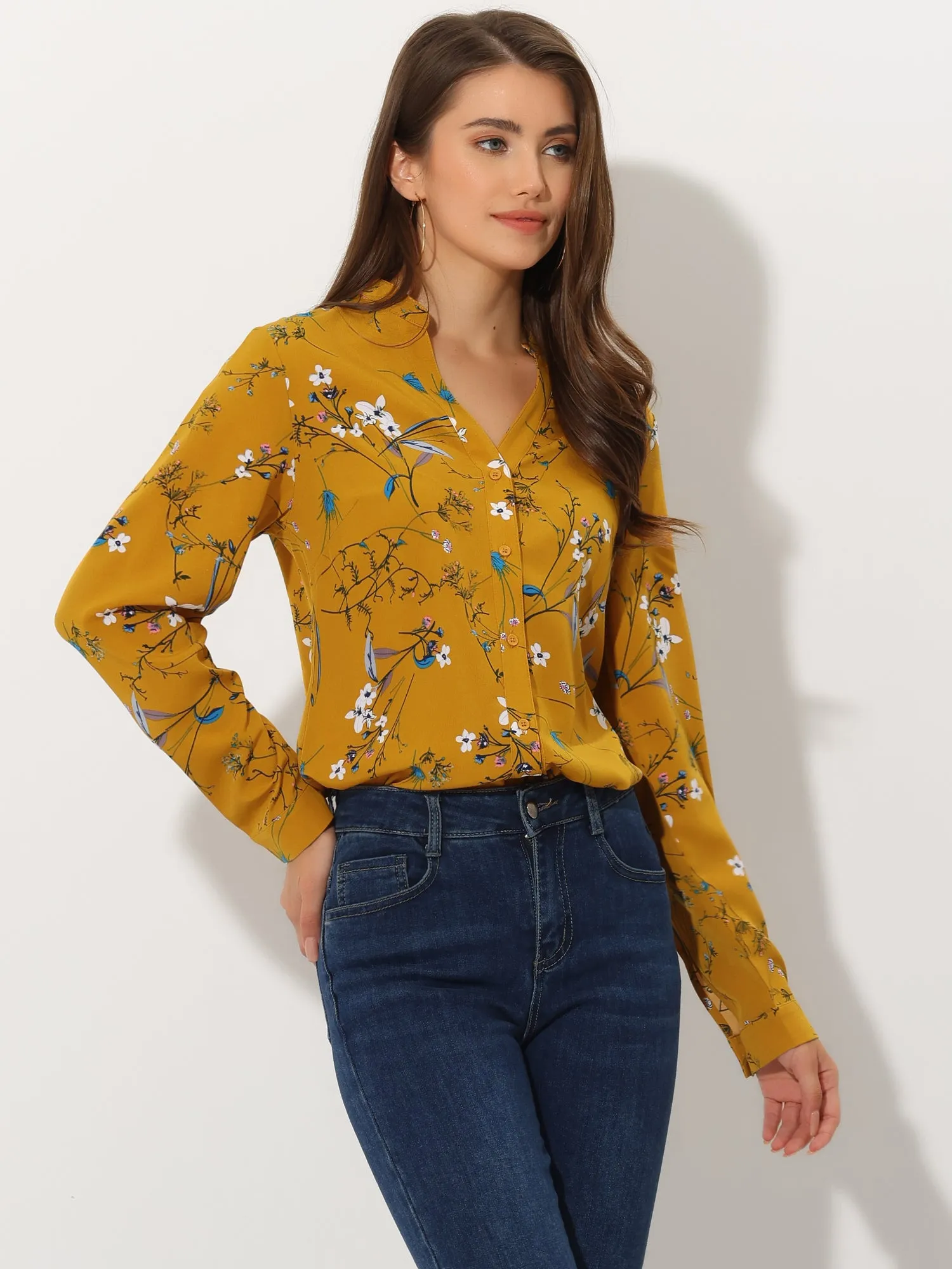 Chiffon Floral Tops V Neck Long Sleeve Button-Up Blouse Shirt