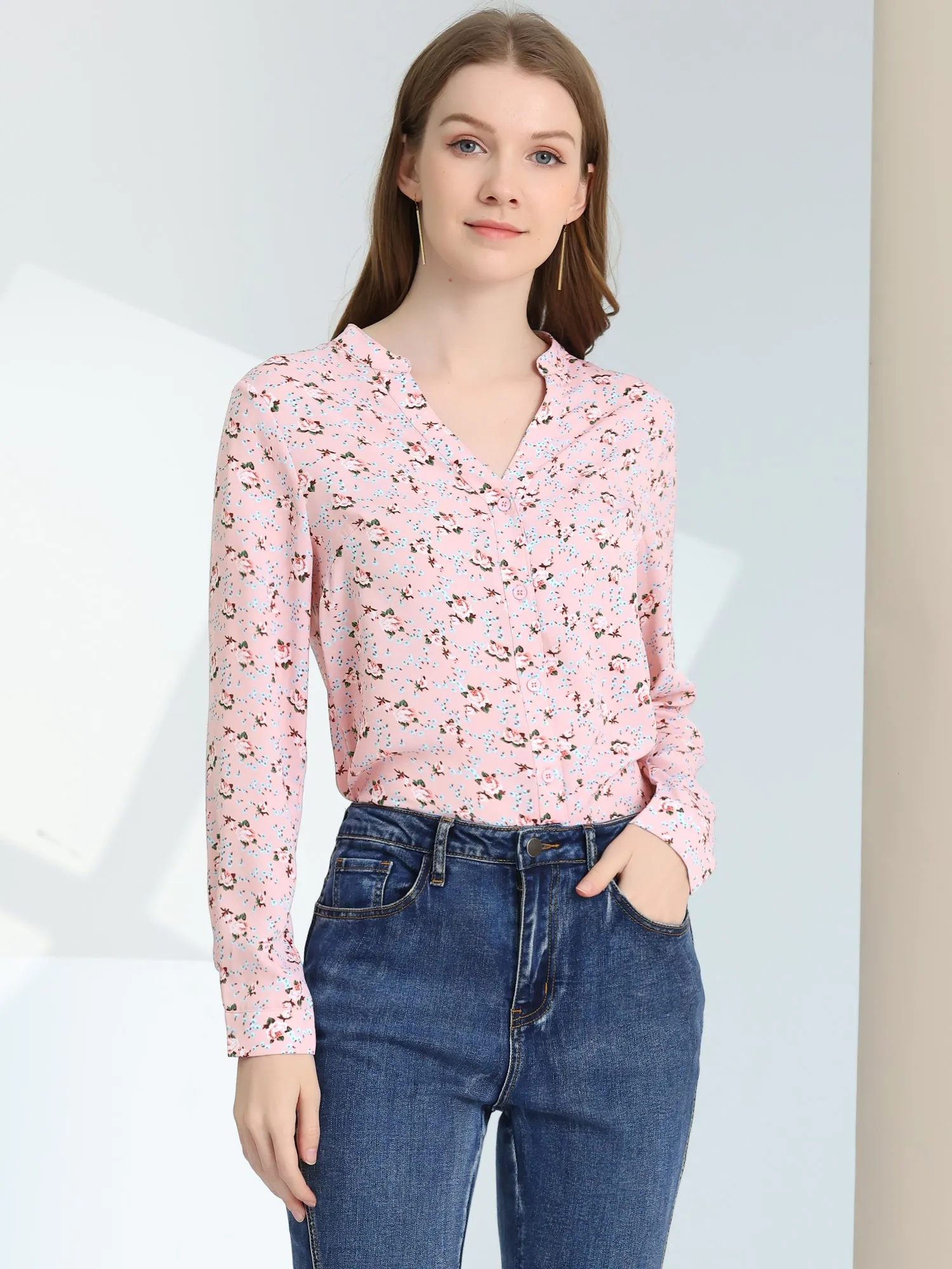 Chiffon Floral Tops V Neck Long Sleeve Button-Up Blouse Shirt