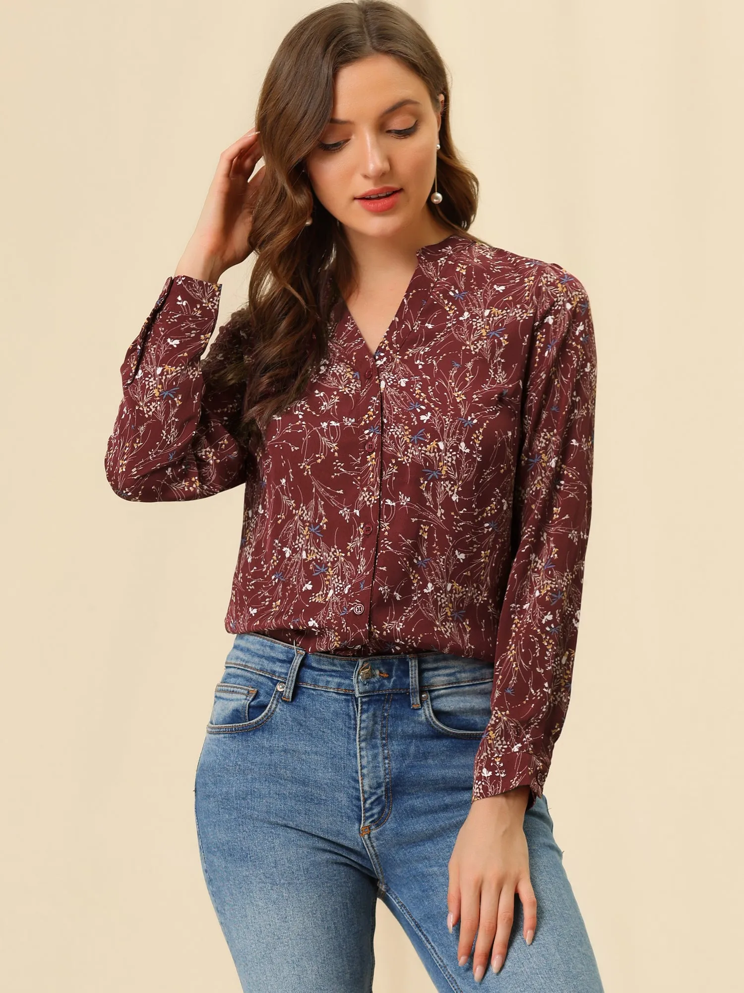 Chiffon Floral Tops V Neck Long Sleeve Button-Up Blouse Shirt