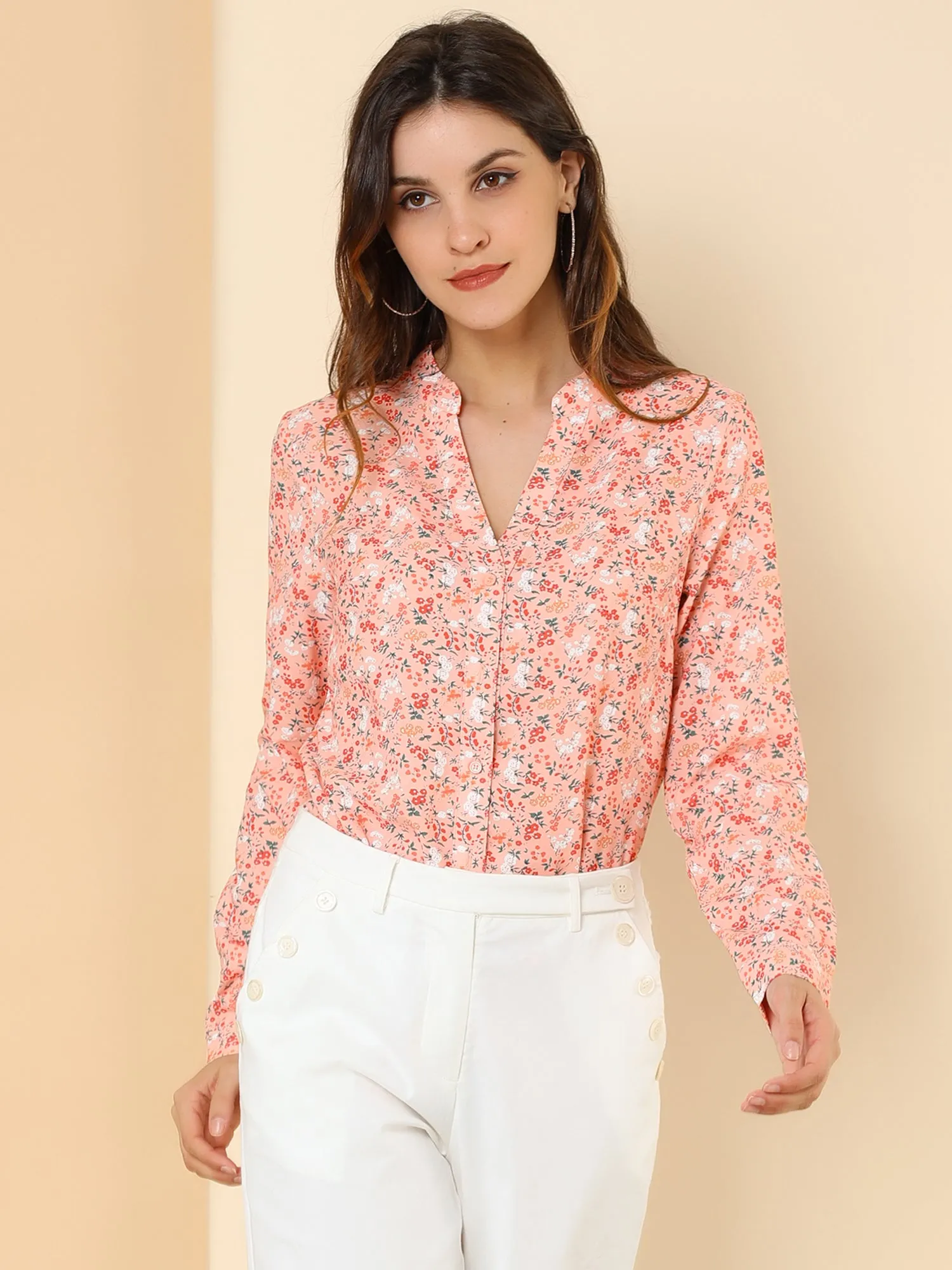Chiffon Floral Tops V Neck Long Sleeve Button-Up Blouse Shirt