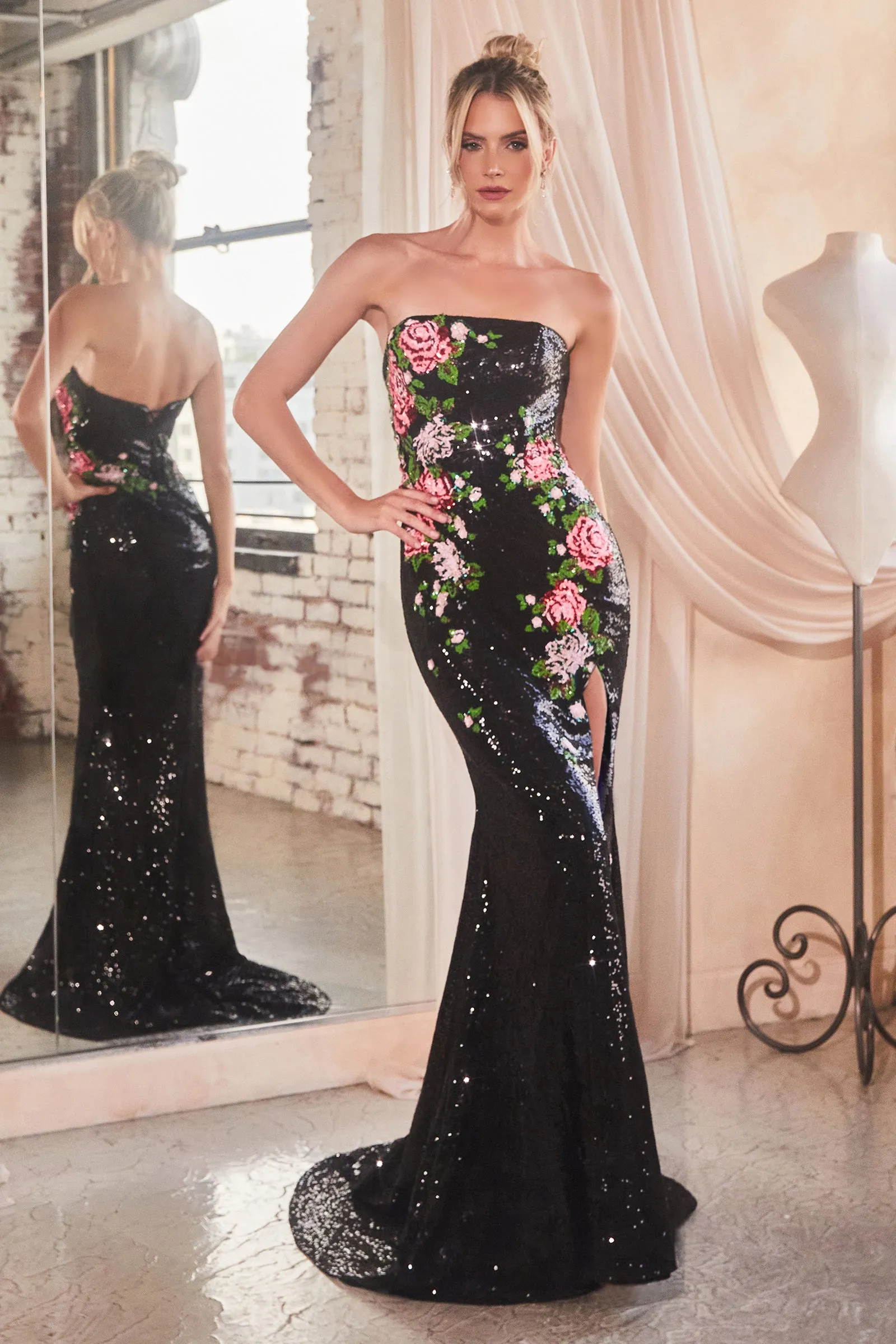 CINDERELLA DIVINE CD811 Fitted Strapless Patterned Floral Sequin Dress