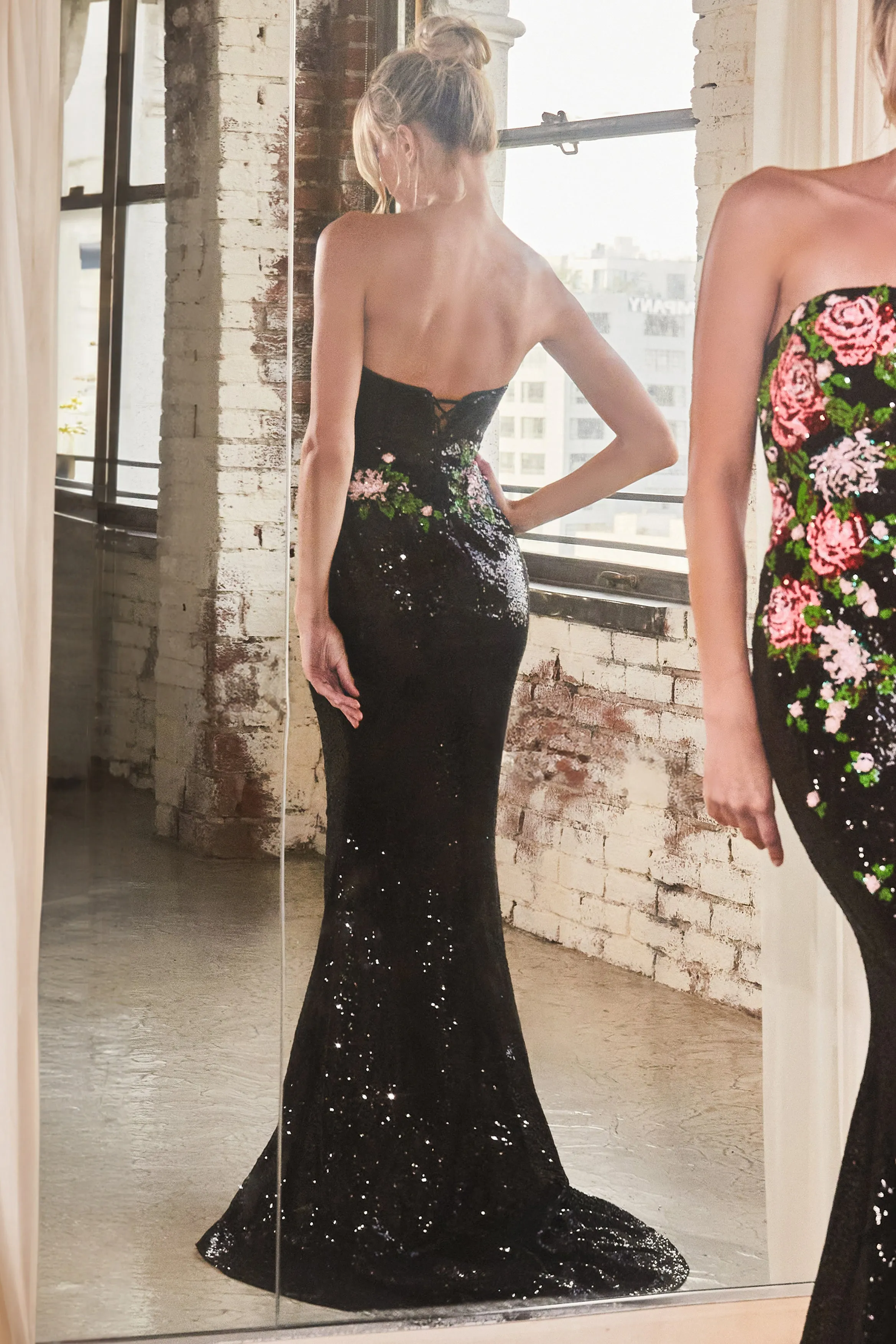 CINDERELLA DIVINE CD811 Fitted Strapless Patterned Floral Sequin Dress