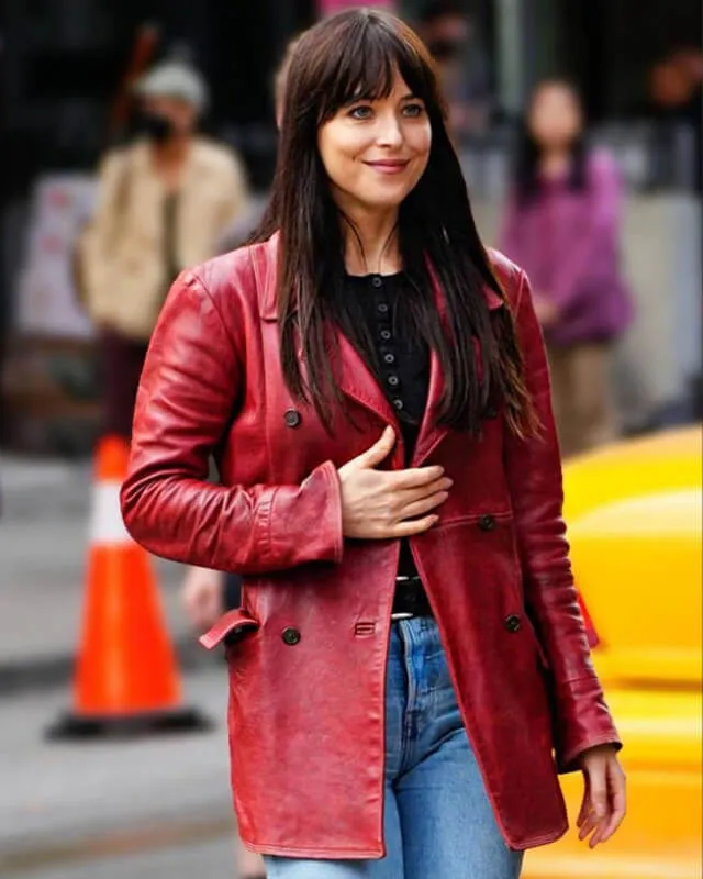 Dakota Johnson Madame Web Maroon Leather Coat