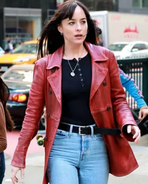 Dakota Johnson Madame Web Maroon Leather Coat